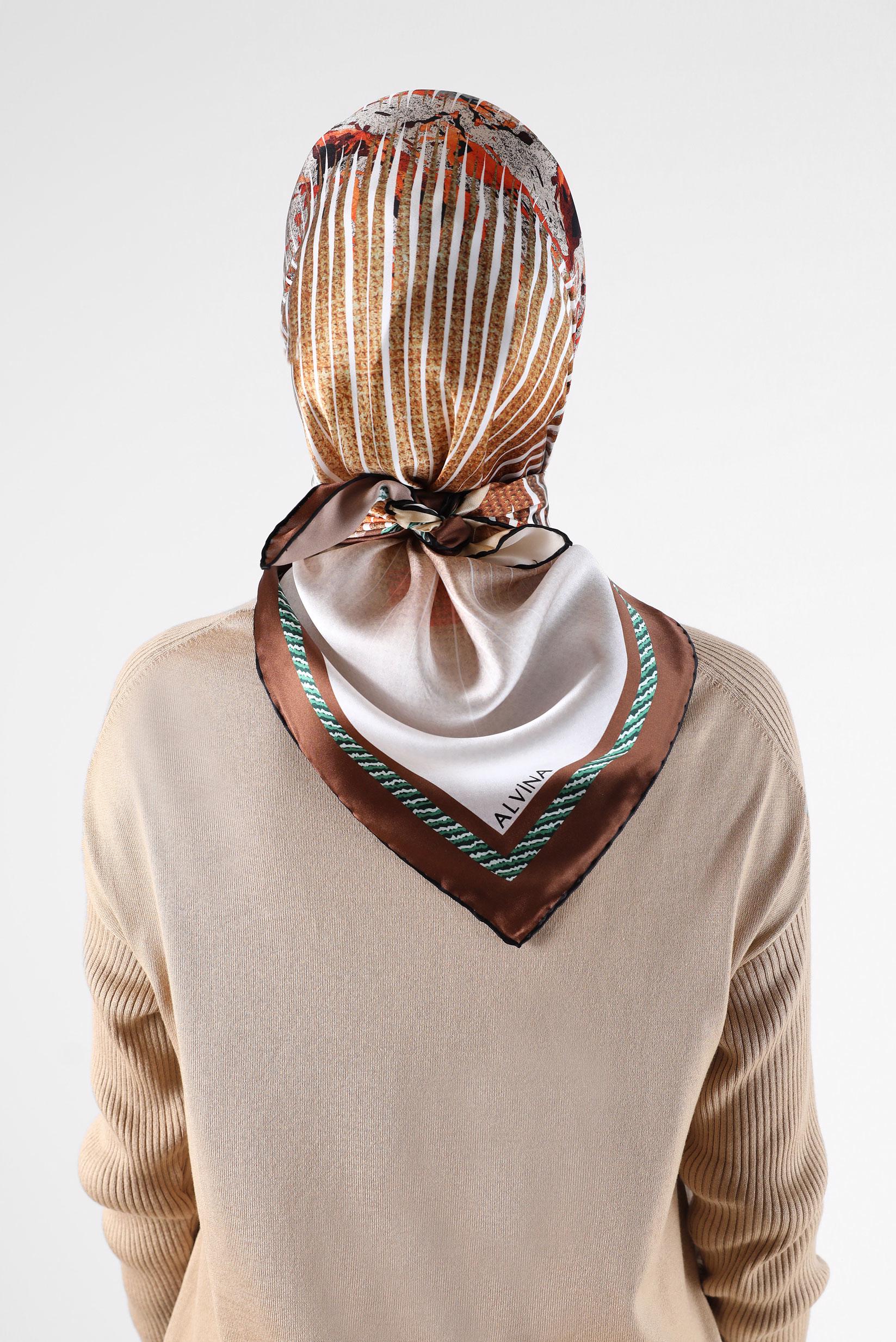 Tesettür giyim BEJ ALVİNA DESENLİ İPEK EŞARP 23901 