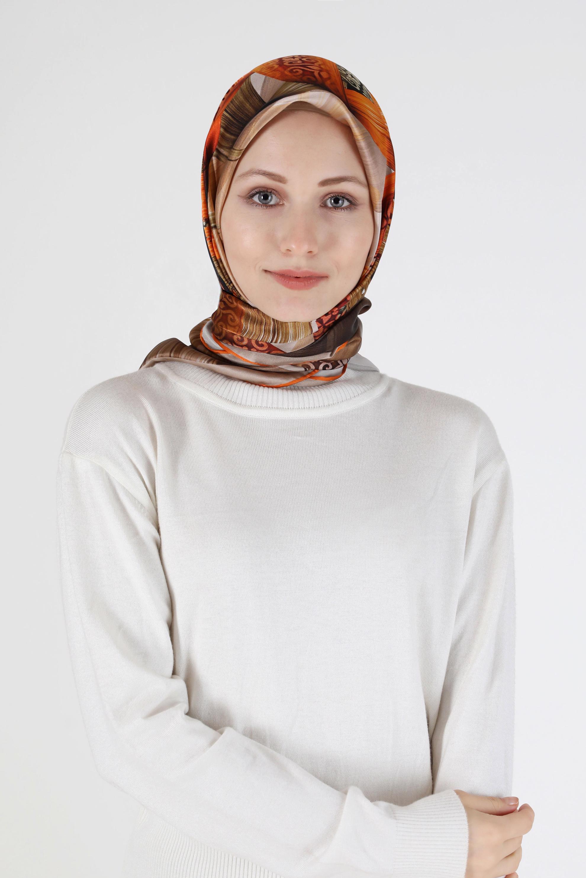 Tesettür giyim TURUNCU ALVİNA DESENLİ İPEK EŞARP 23994 