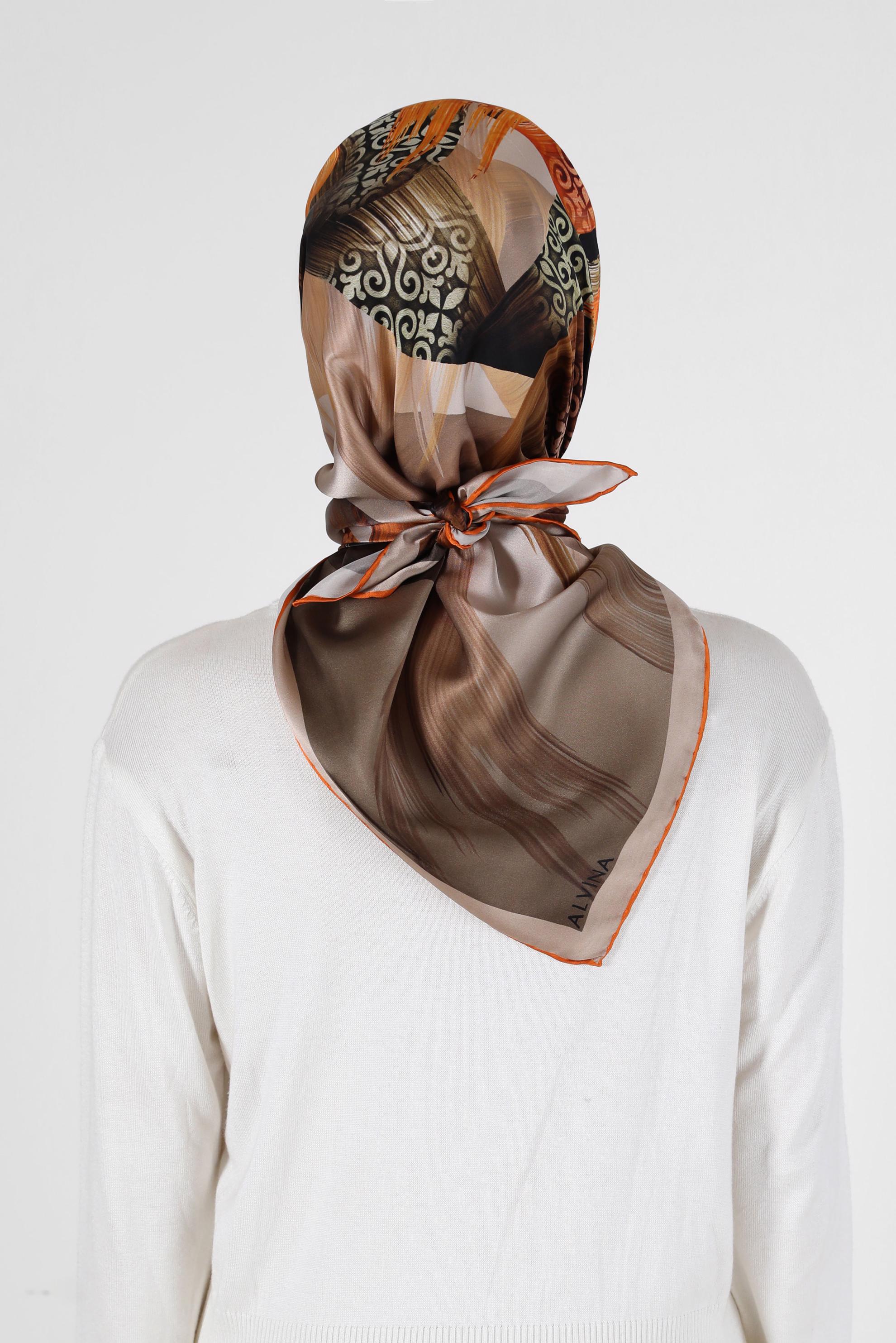 Tesettür giyim TURUNCU ALVİNA DESENLİ İPEK EŞARP 23994 