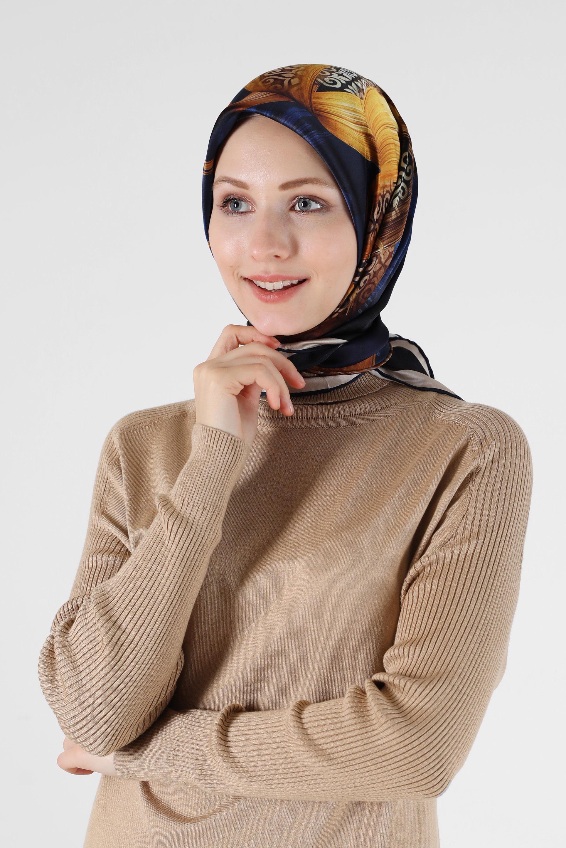 Tesettür giyim LACİVERT ALVİNA DESENLİ İPEK EŞARP 23994 