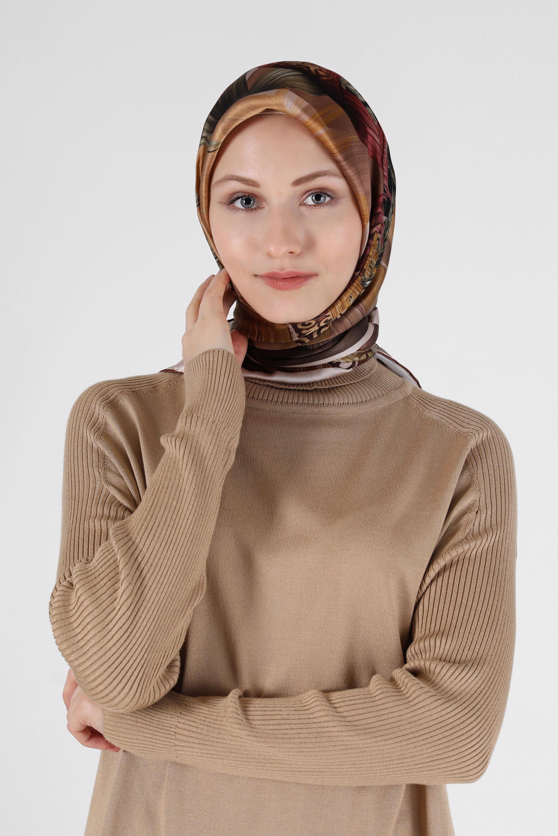 Tesettür giyim KAHVE ALVİNA DESENLİ İPEK EŞARP 23994 
