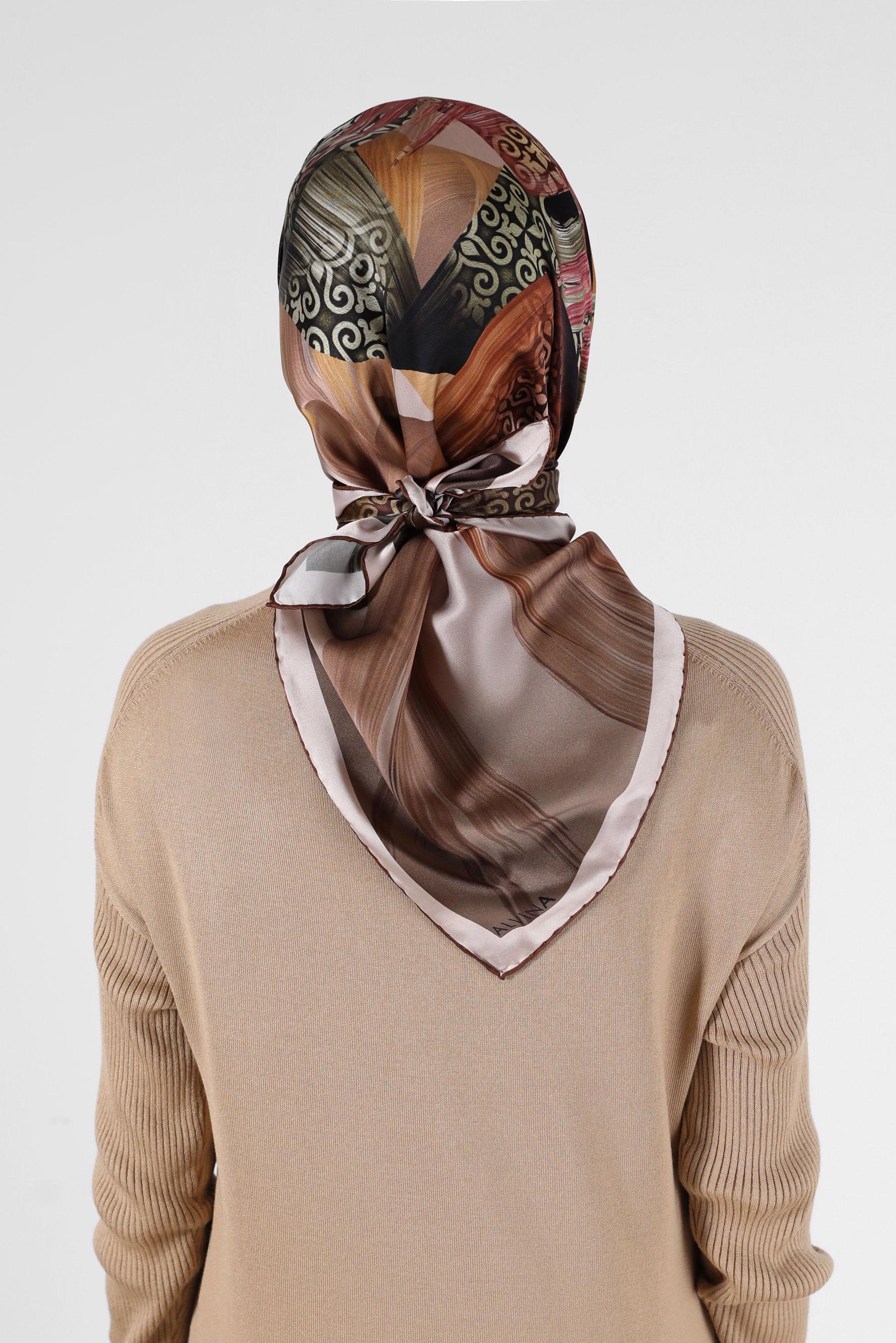 Tesettür giyim KAHVE ALVİNA DESENLİ İPEK EŞARP 23994 