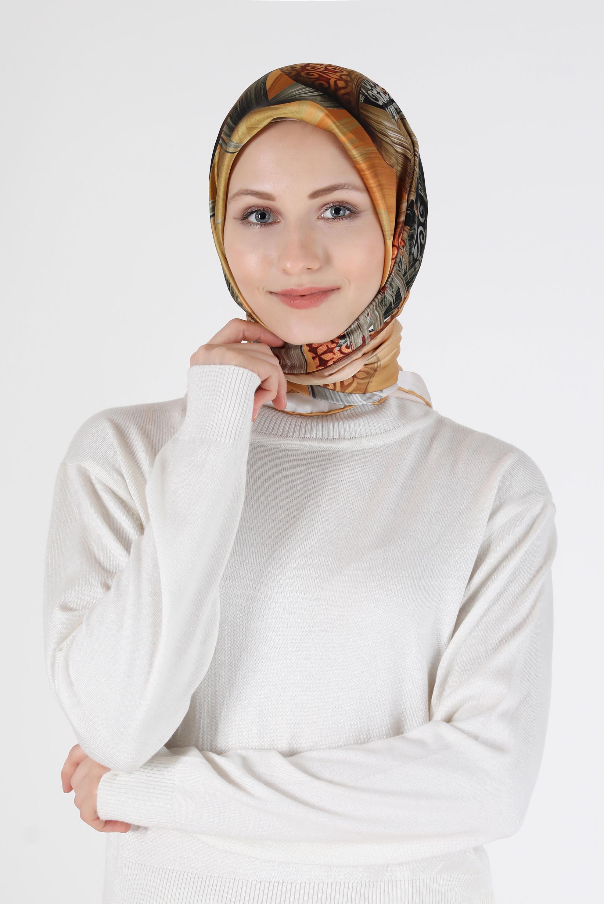 Tesettür giyim SARI ALVİNA DESENLİ İPEK EŞARP 23994 