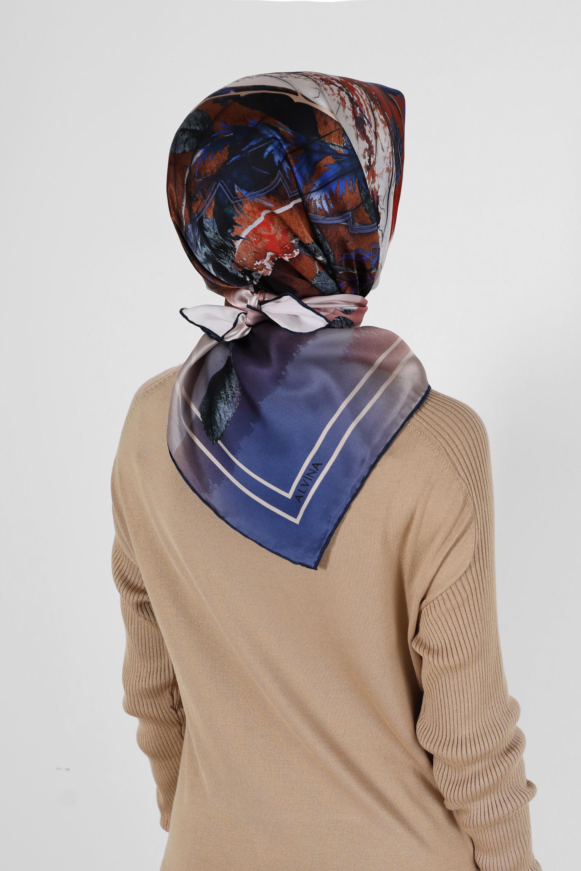 Tesettür giyim LACİVERT ALVİNA DESENLİ İPEK EŞARP 31363 