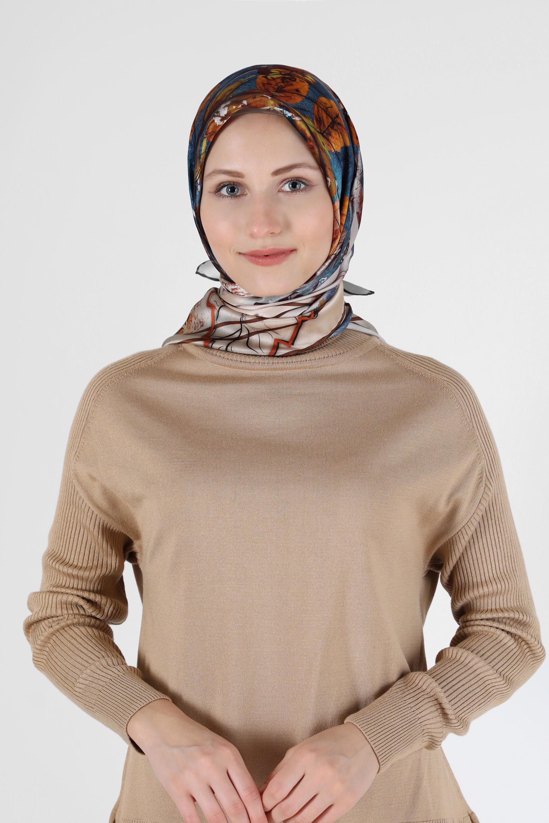 Tesettür giyim KAHVE ALVİNA DESENLİ İPEK EŞARP 31363 