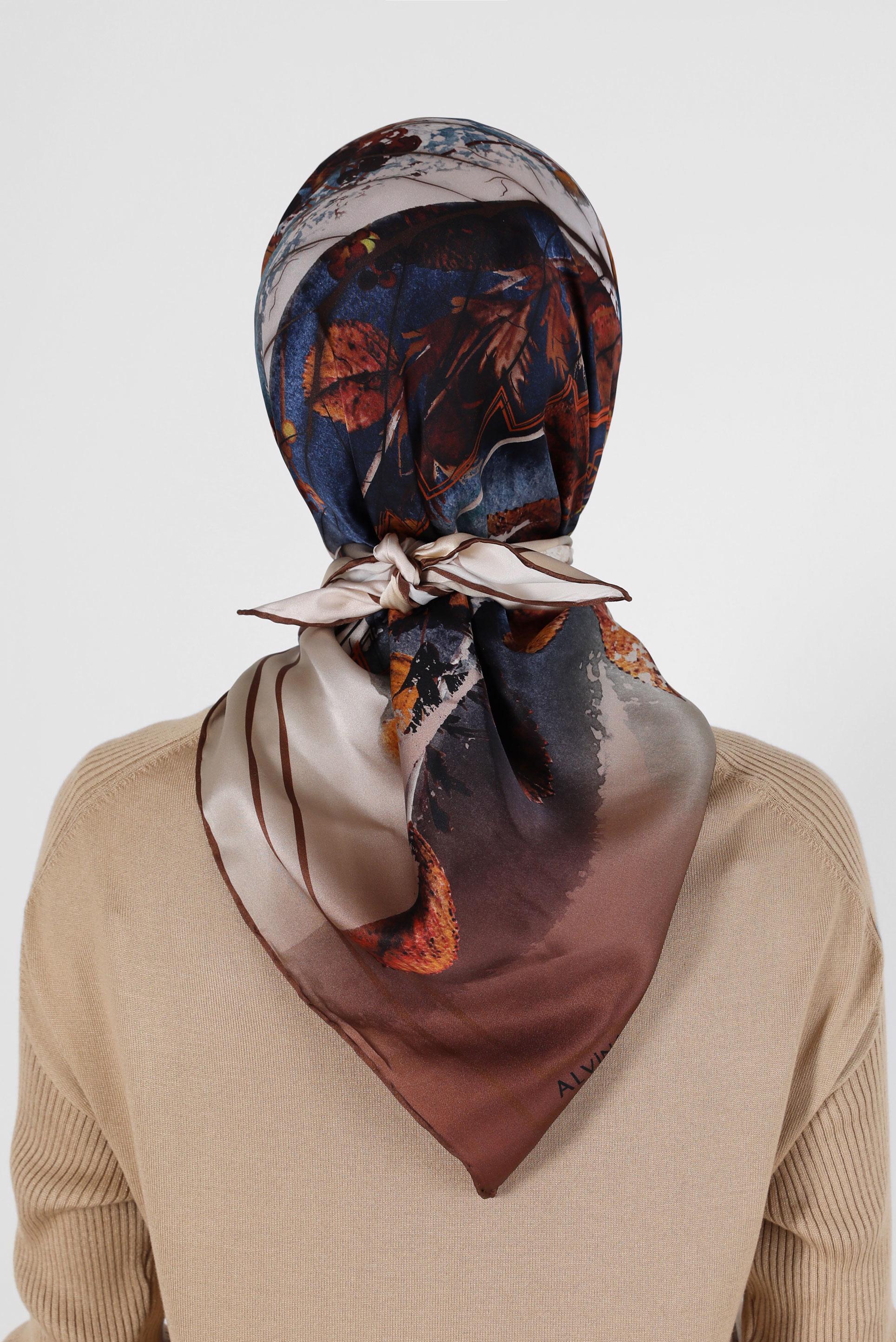 Tesettür giyim KAHVE ALVİNA DESENLİ İPEK EŞARP 31363 