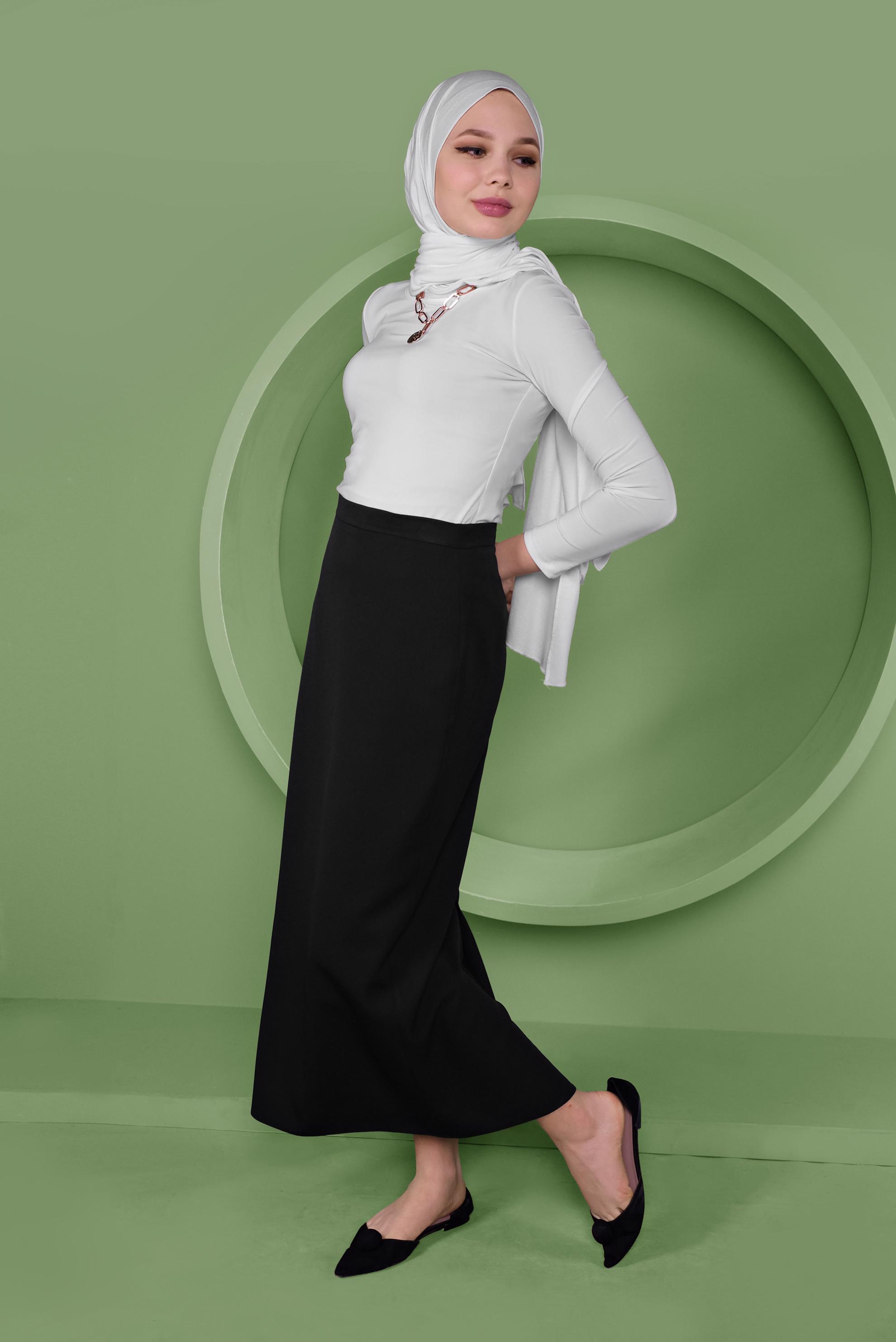 Tesettür giyim SİYAH YÜKSEK BEL KLASİK KESİM ETEK 60060 