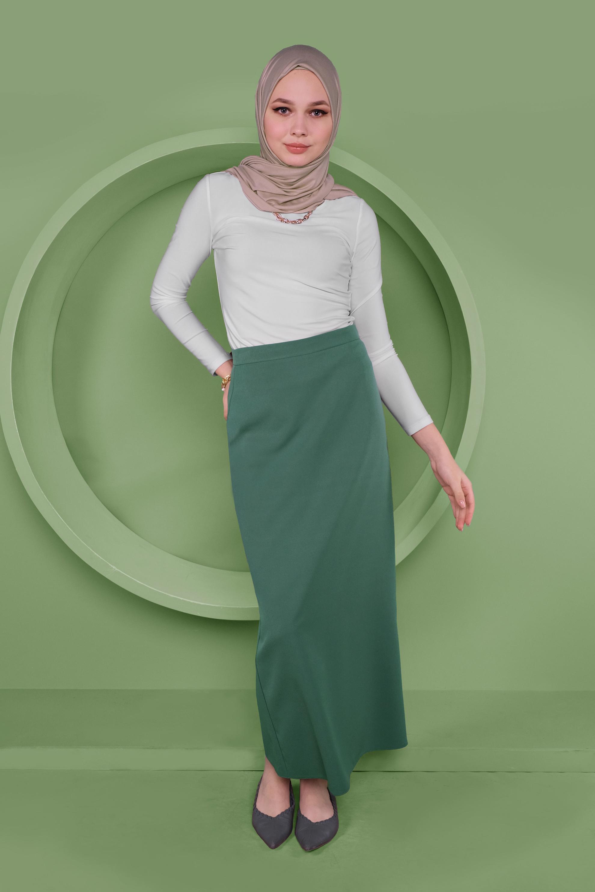Tesettür giyim YEŞİL YÜKSEK BEL KLASİK KESİM ETEK 60060 