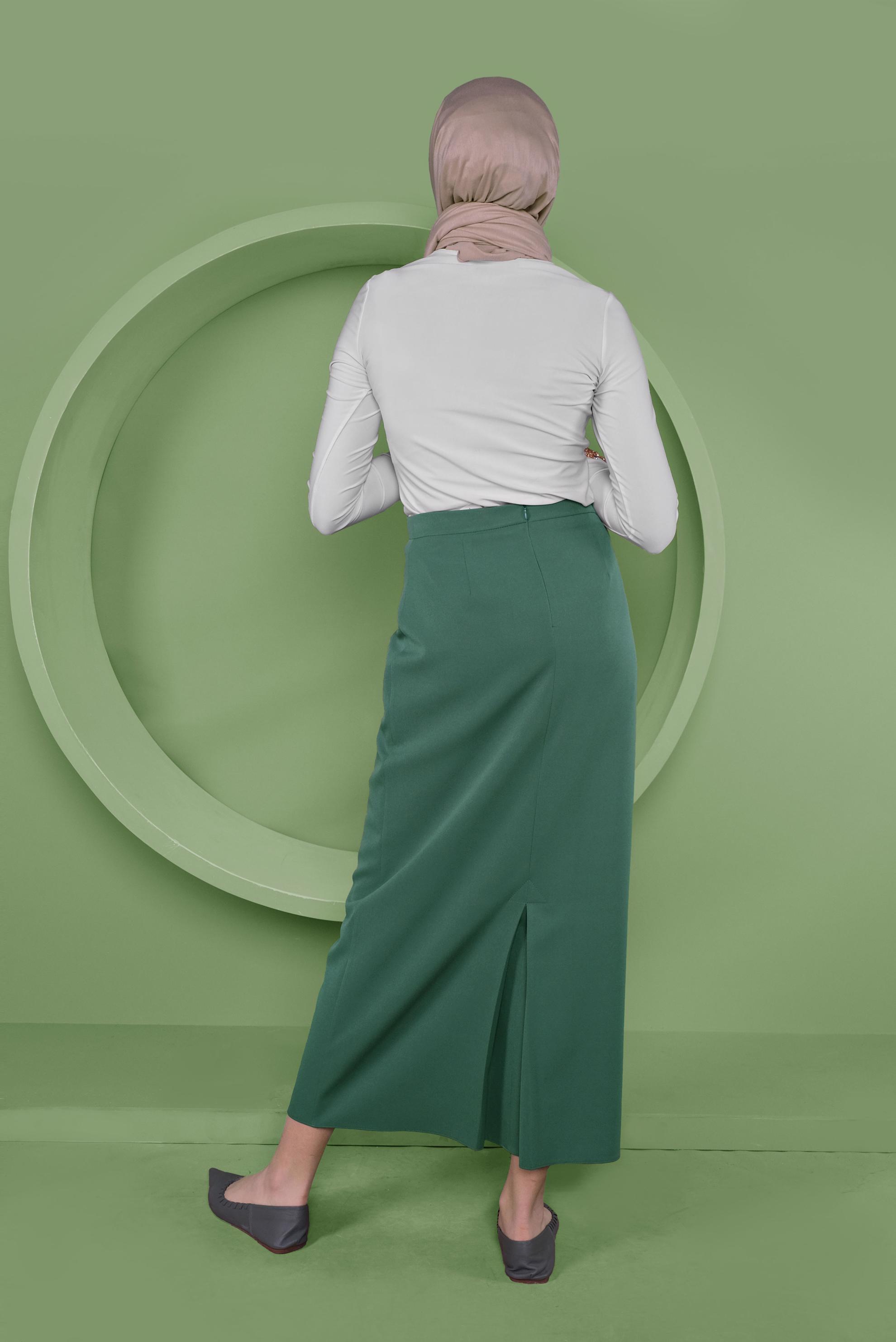 Tesettür giyim YEŞİL YÜKSEK BEL KLASİK KESİM ETEK 60060 
