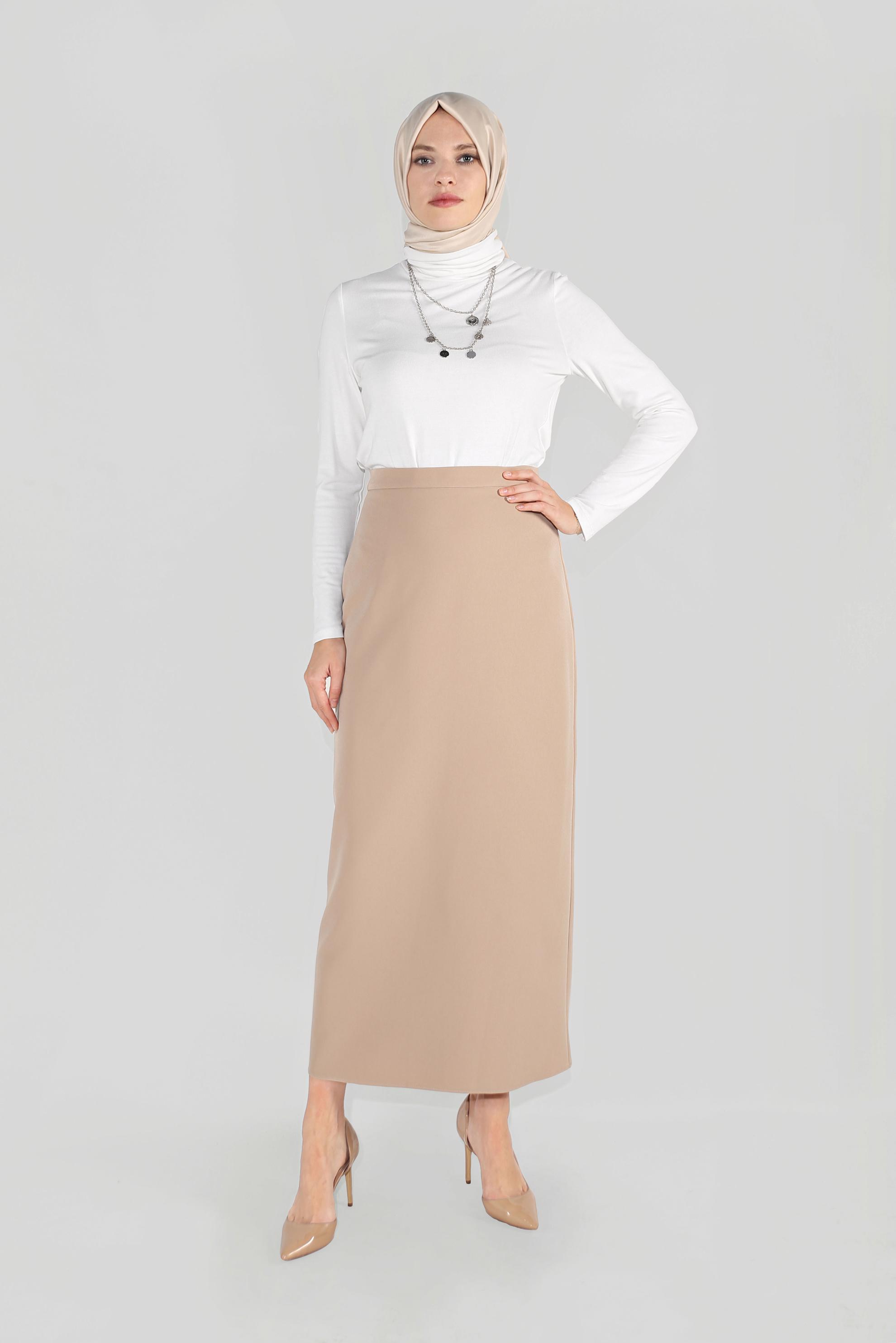 Tesettür giyim BEJ YÜKSEK BEL KLASİK KESİM ETEK 60060 