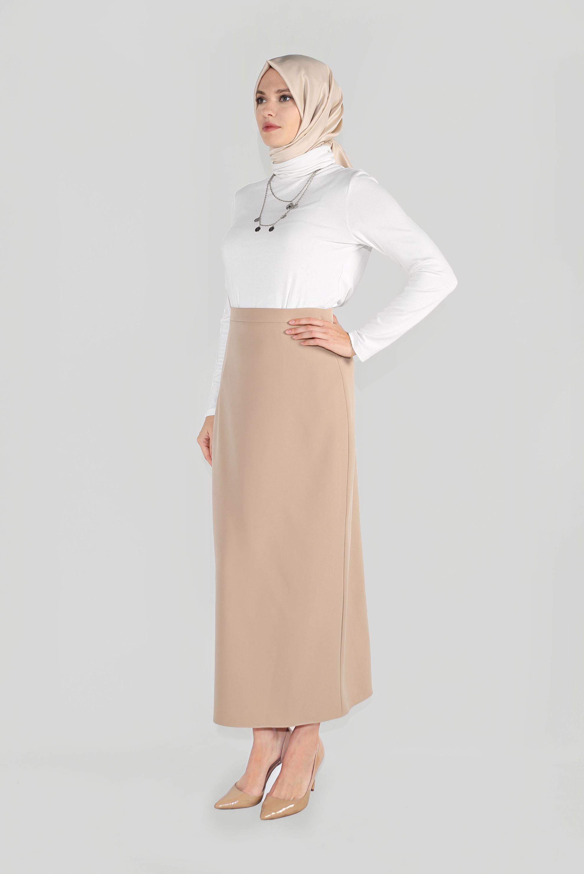 Tesettür giyim BEJ YÜKSEK BEL KLASİK KESİM ETEK 60060 