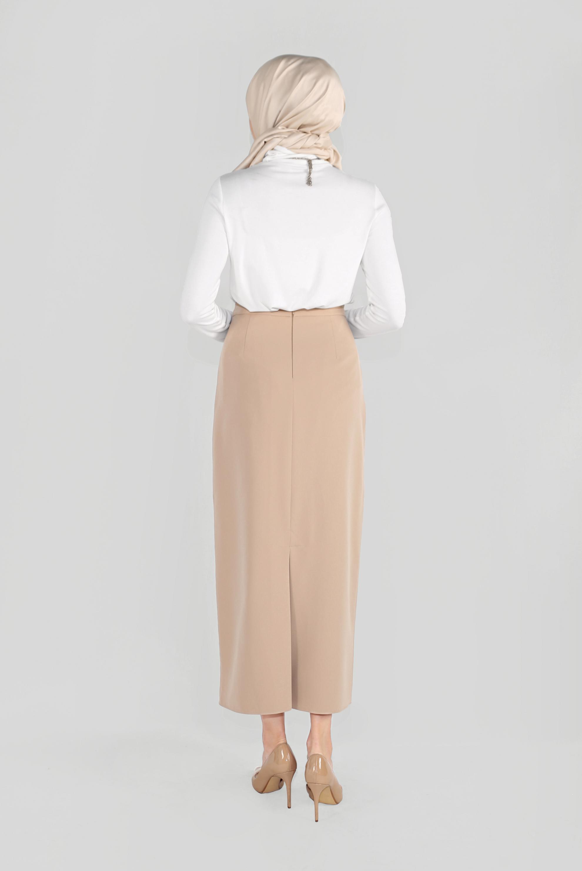 Tesettür giyim BEJ YÜKSEK BEL KLASİK KESİM ETEK 60060 