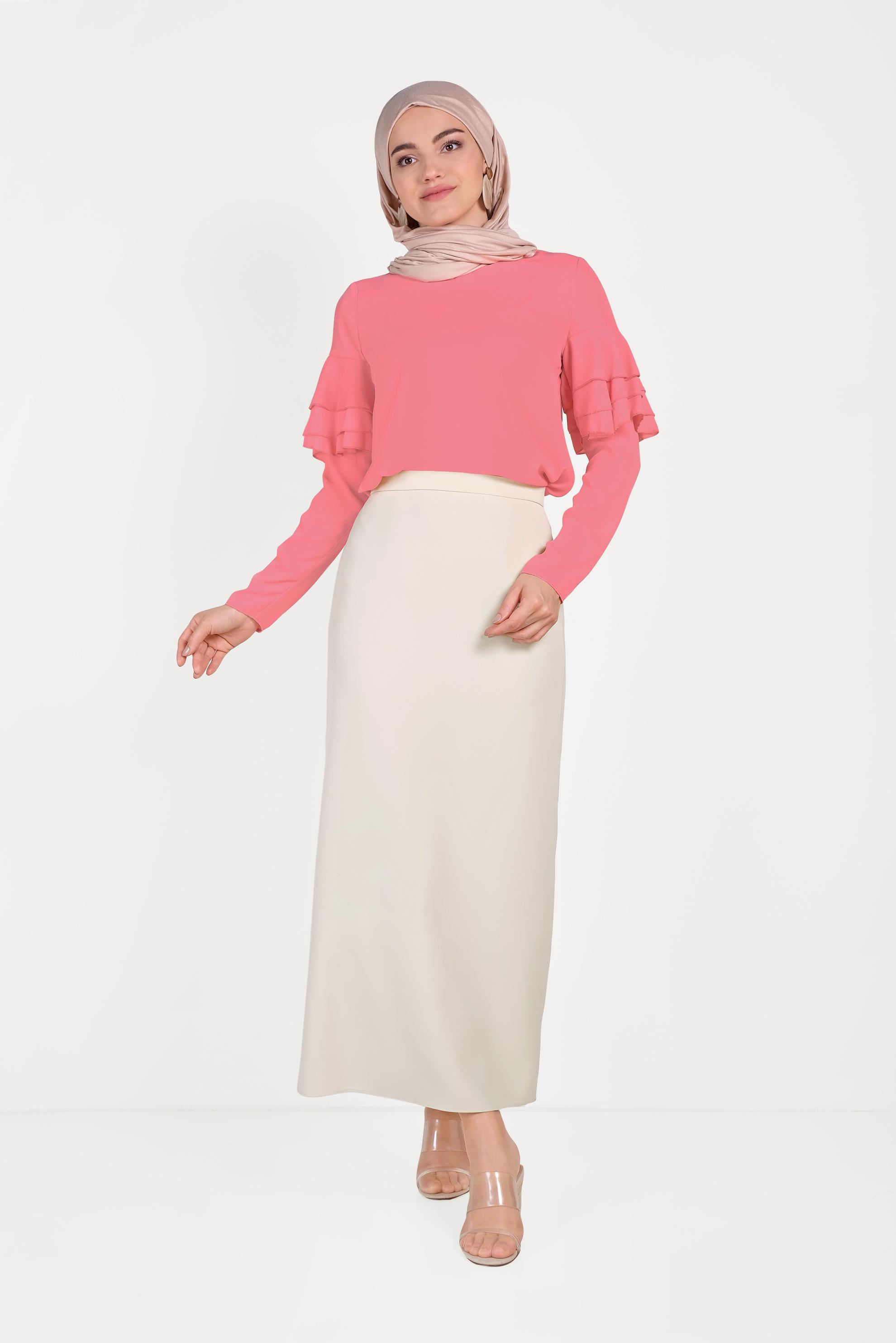 Tesettür giyim BEJ YÜKSEK BEL KLASİK KESİM ETEK 60060 