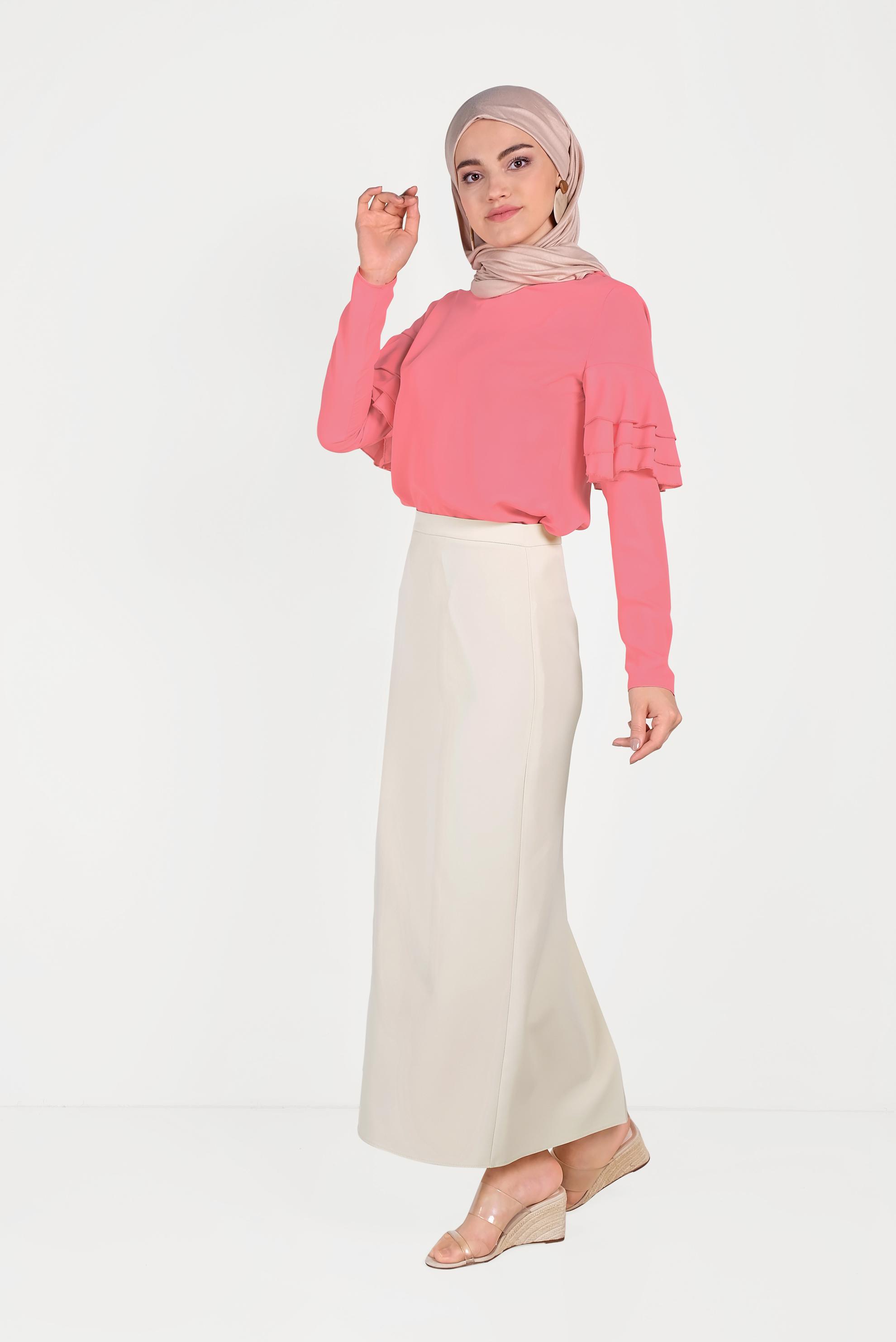 Tesettür giyim BEJ YÜKSEK BEL KLASİK KESİM ETEK 60060 