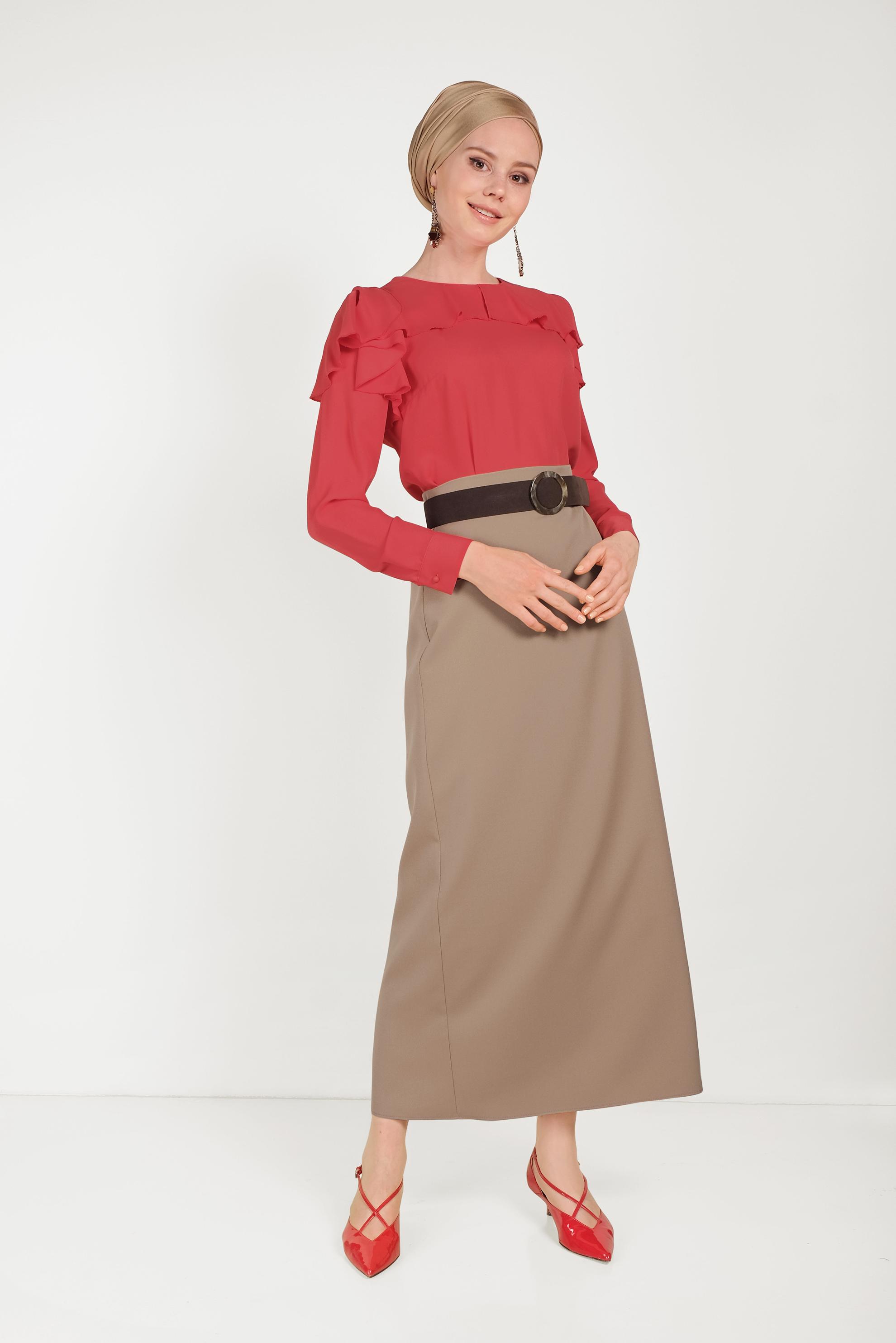 Tesettür giyim KAHVE YÜKSEK BEL KLASİK KESİM ETEK 60060 