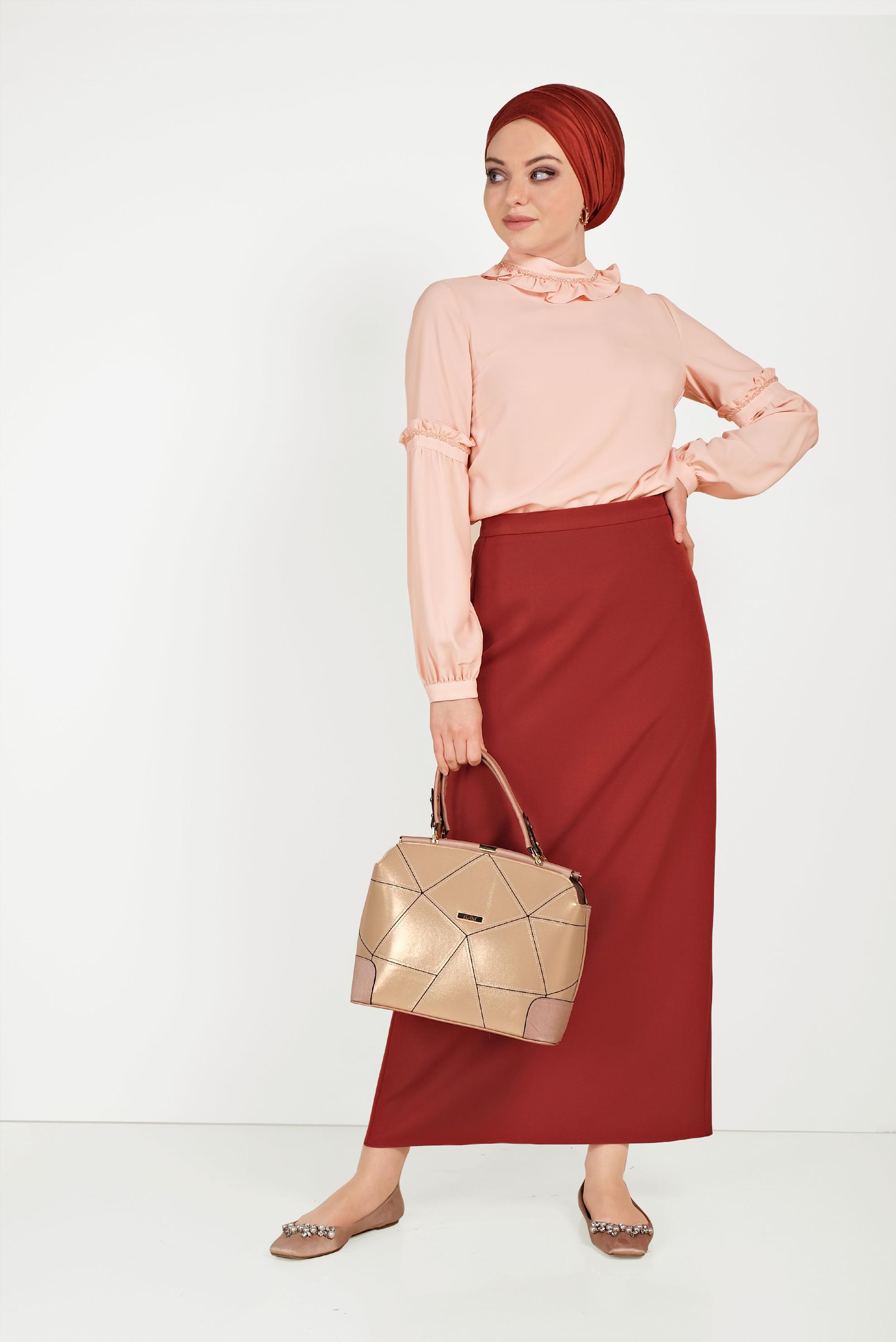 Tesettür giyim TURUNCU YÜKSEK BEL KLASİK KESİM ETEK 60060 