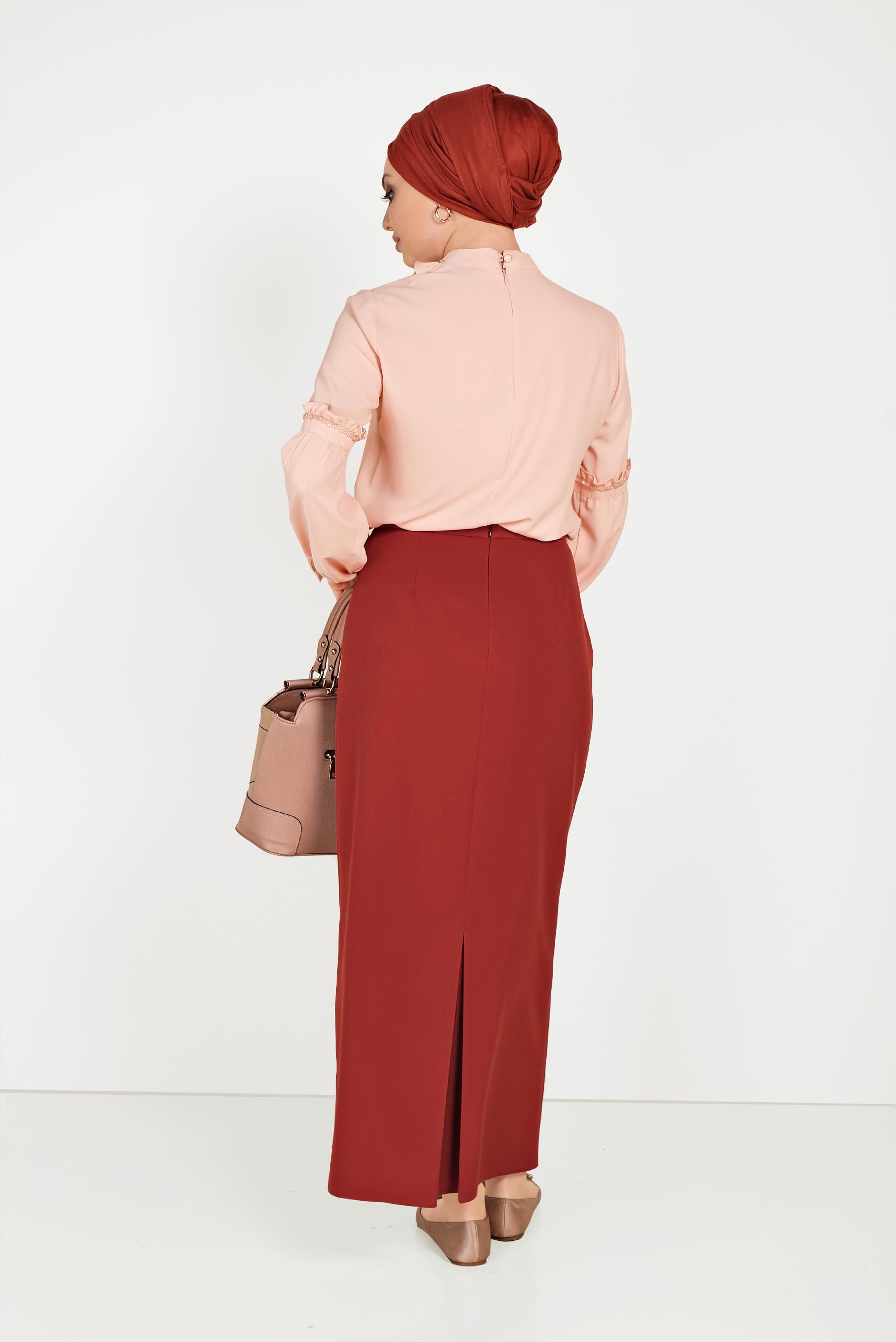 Tesettür giyim TURUNCU YÜKSEK BEL KLASİK KESİM ETEK 60060 