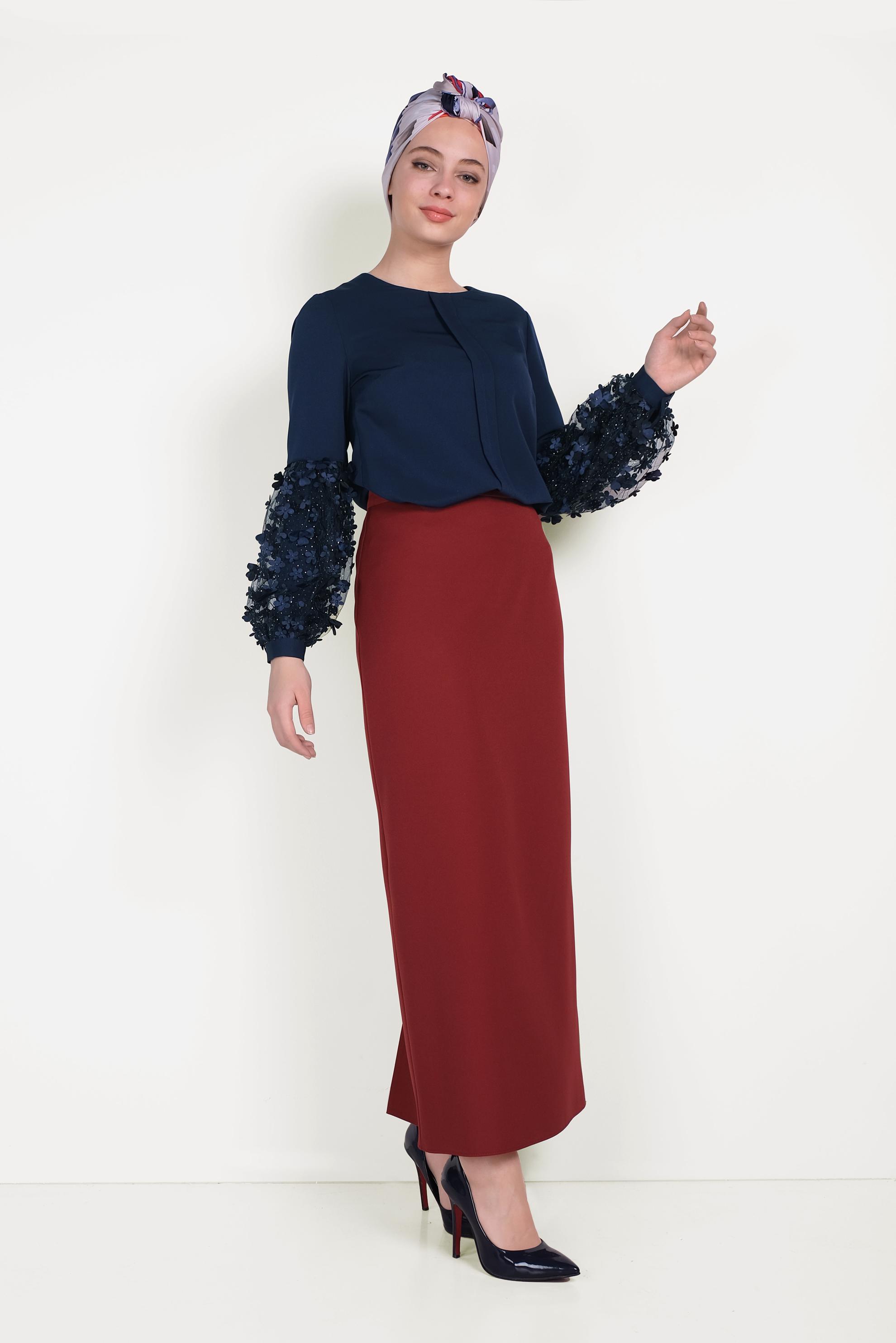 Tesettür giyim BORDO YÜKSEK BEL KLASİK KESİM ETEK 60060 