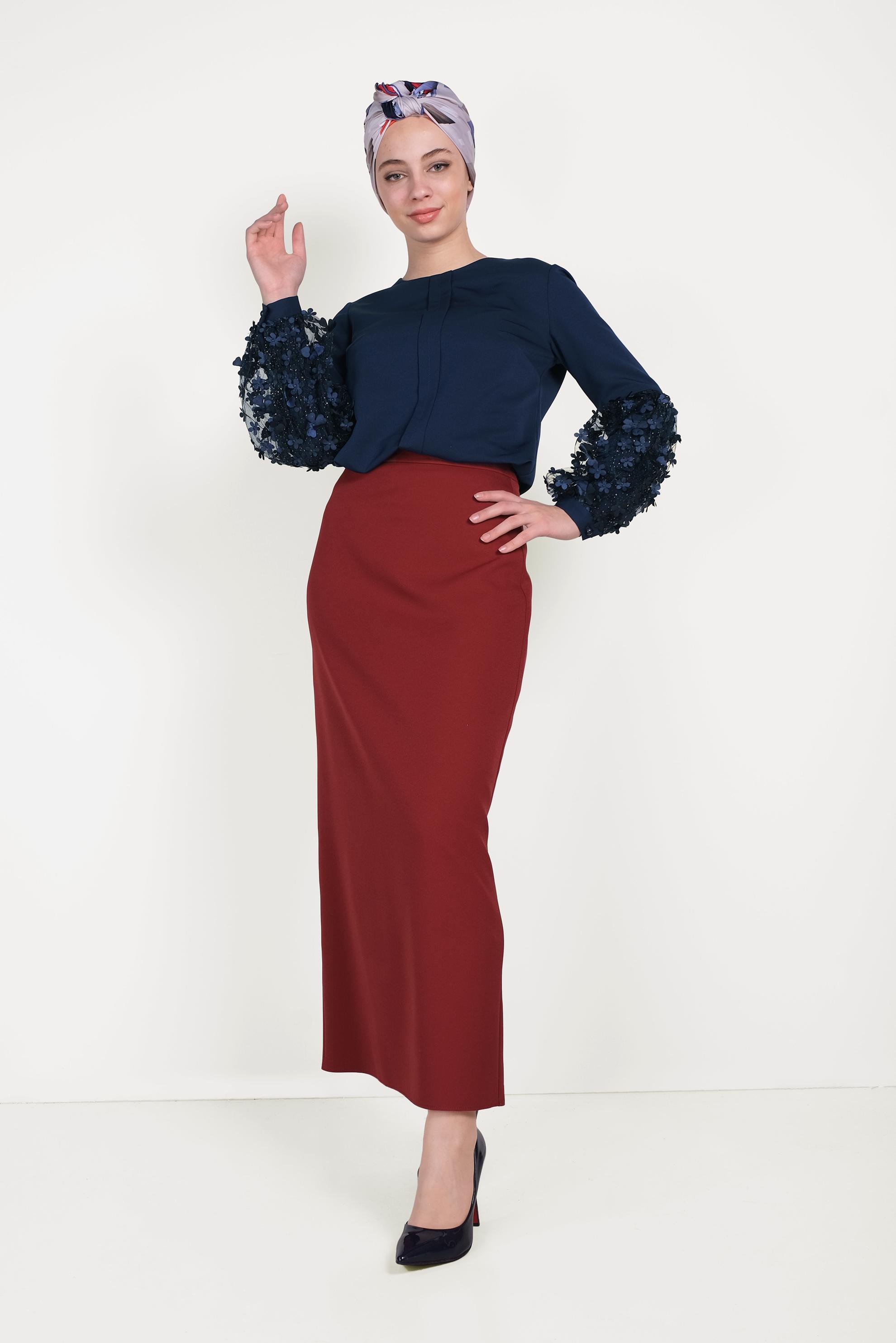 Tesettür giyim BORDO YÜKSEK BEL KLASİK KESİM ETEK 60060 