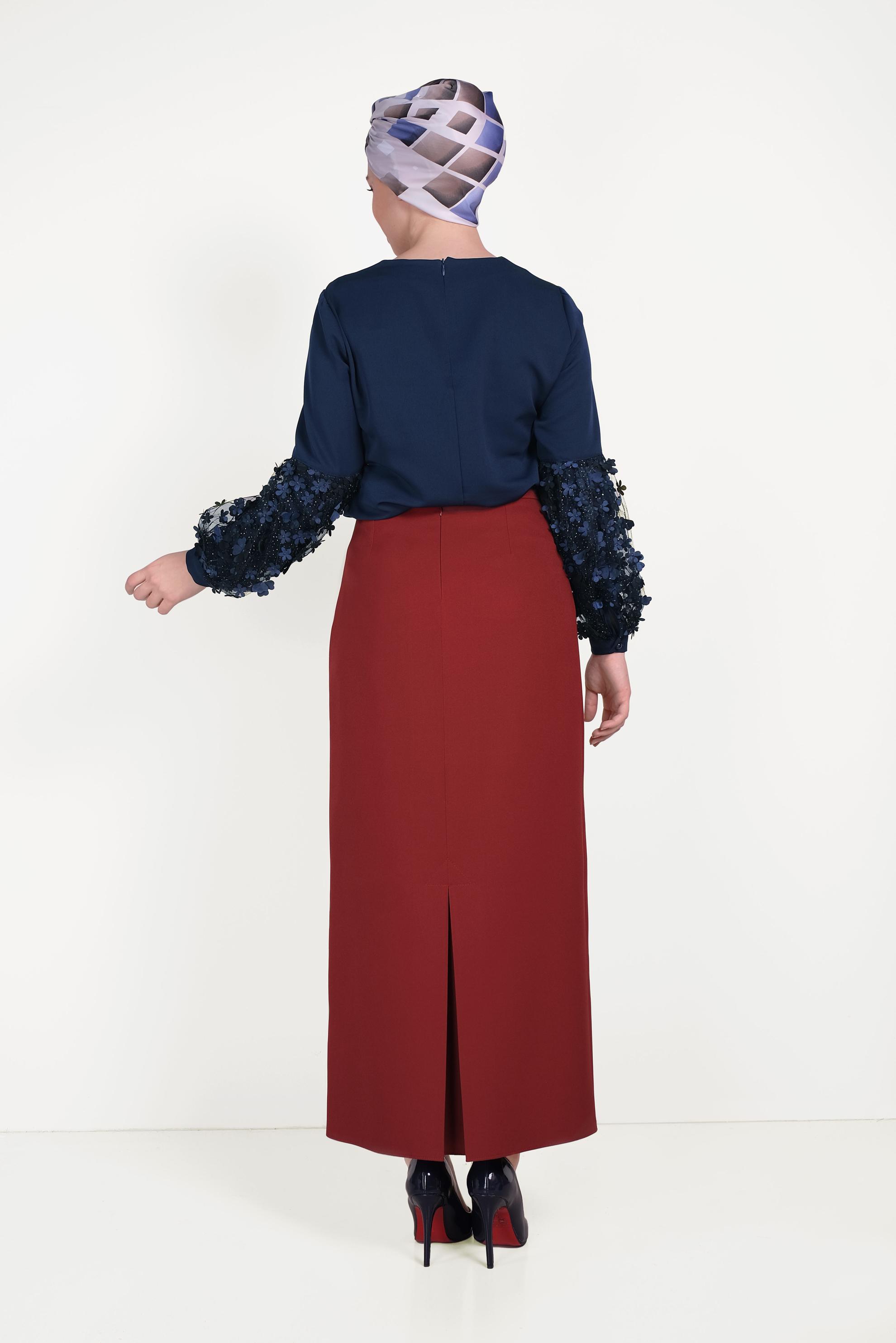 Tesettür giyim BORDO YÜKSEK BEL KLASİK KESİM ETEK 60060 