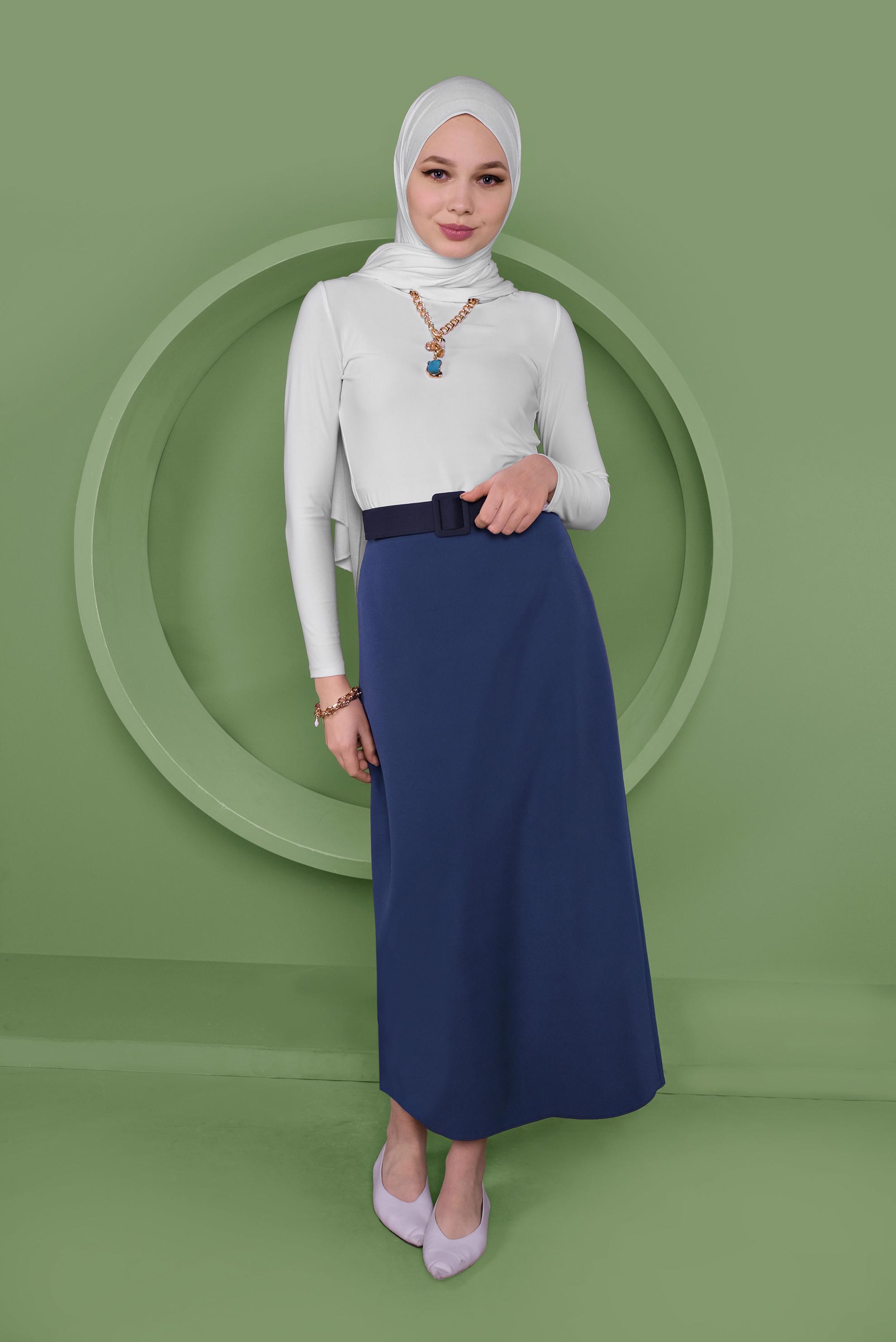 Tesettür giyim LACİVERT YÜKSEK BEL KLASİK KESİM ETEK 60060 