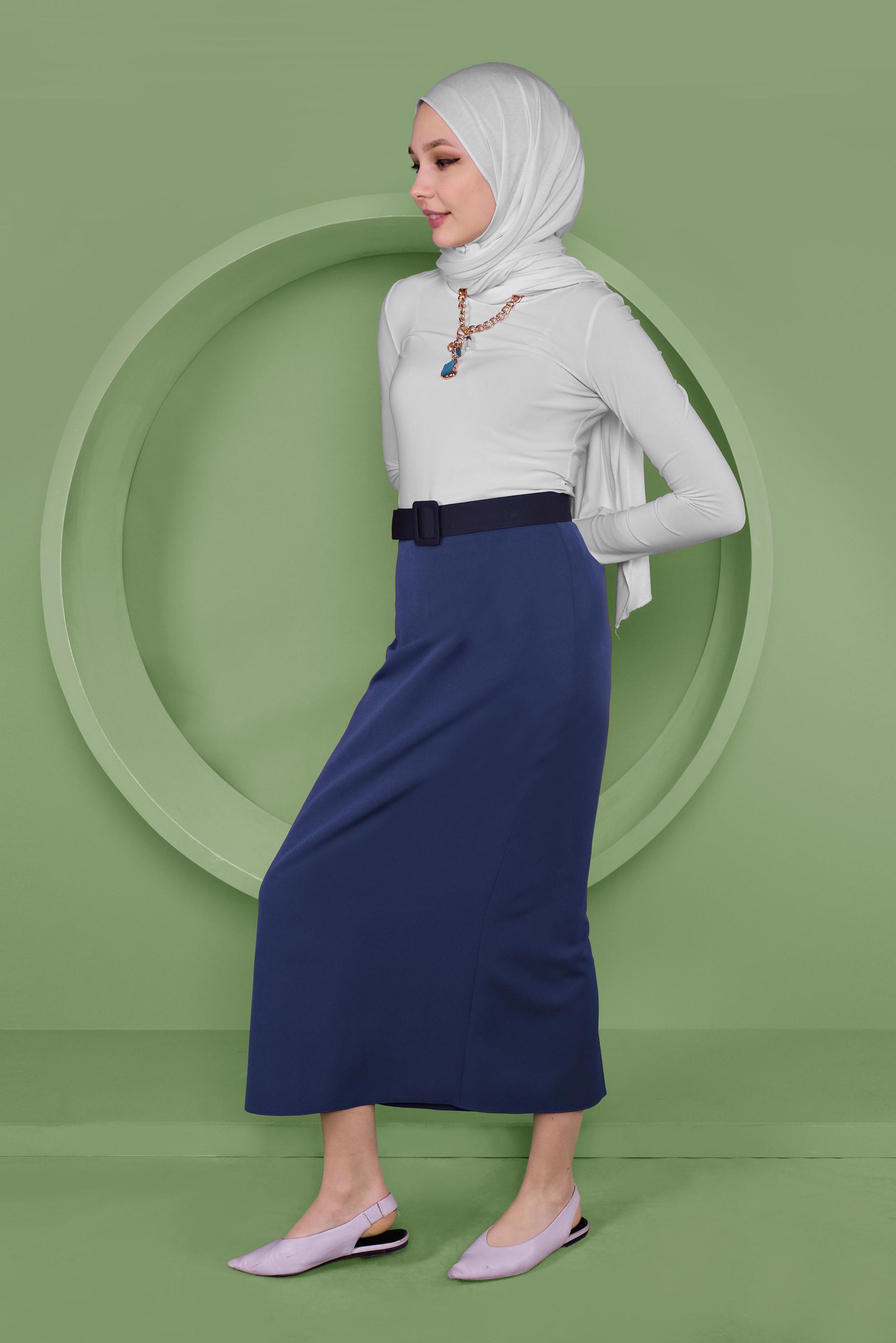 Tesettür giyim LACİVERT YÜKSEK BEL KLASİK KESİM ETEK 60060 
