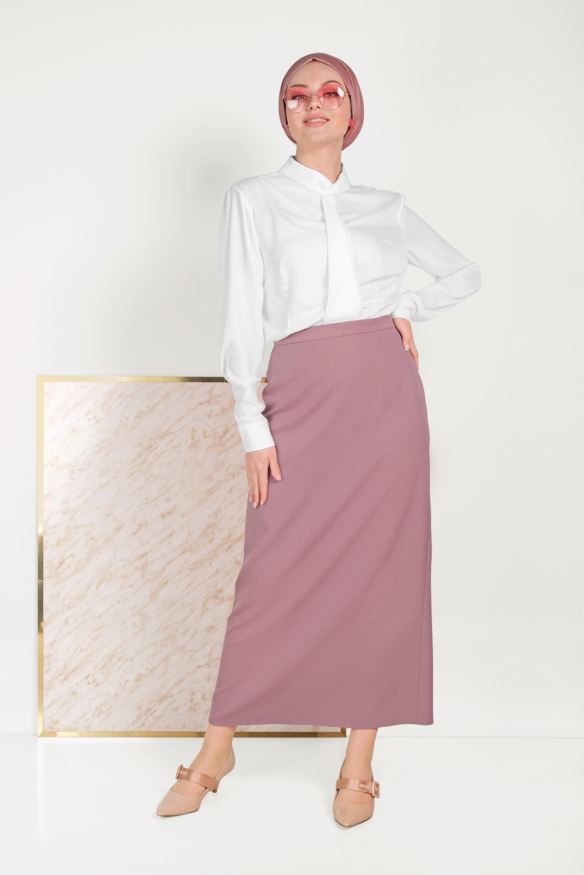 Tesettür giyim PEMBE YÜKSEK BEL KLASİK KESİM ETEK 60060 