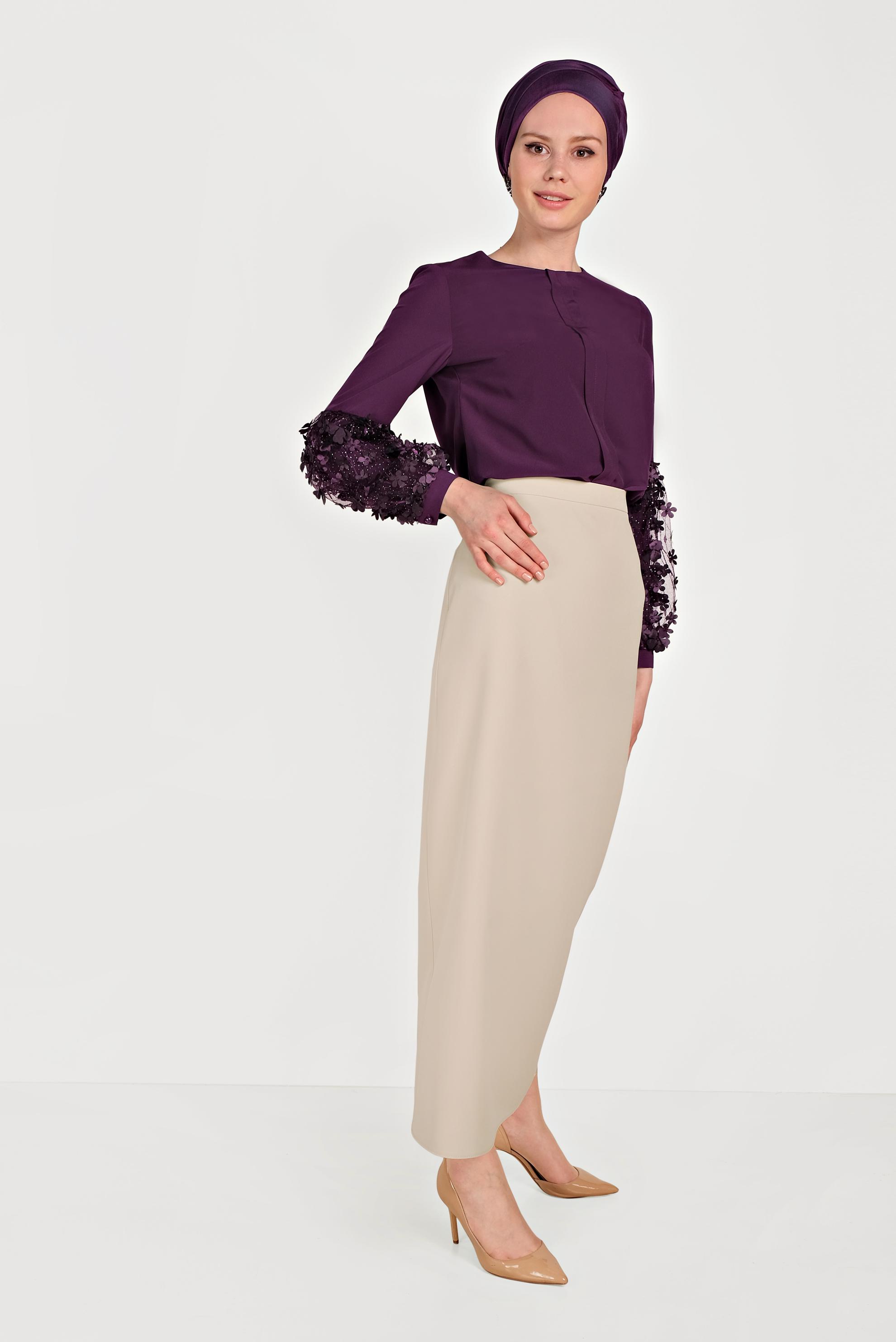 Tesettür giyim BEJ YÜKSEK BEL ETEK 60068	