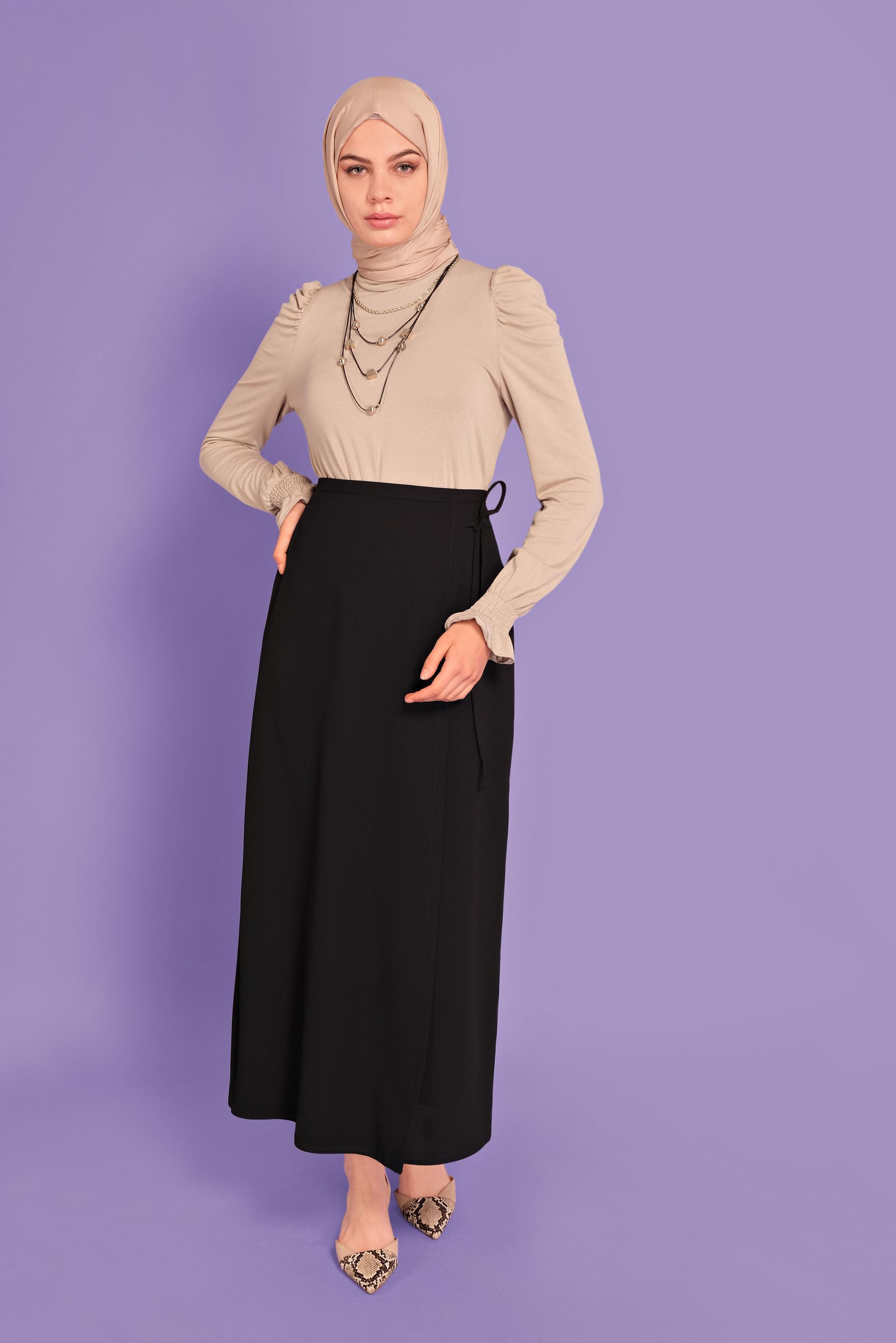 Tesettür giyim SİYAH YANDAN BAĞLAMA DETAYLI ETEK 60141 