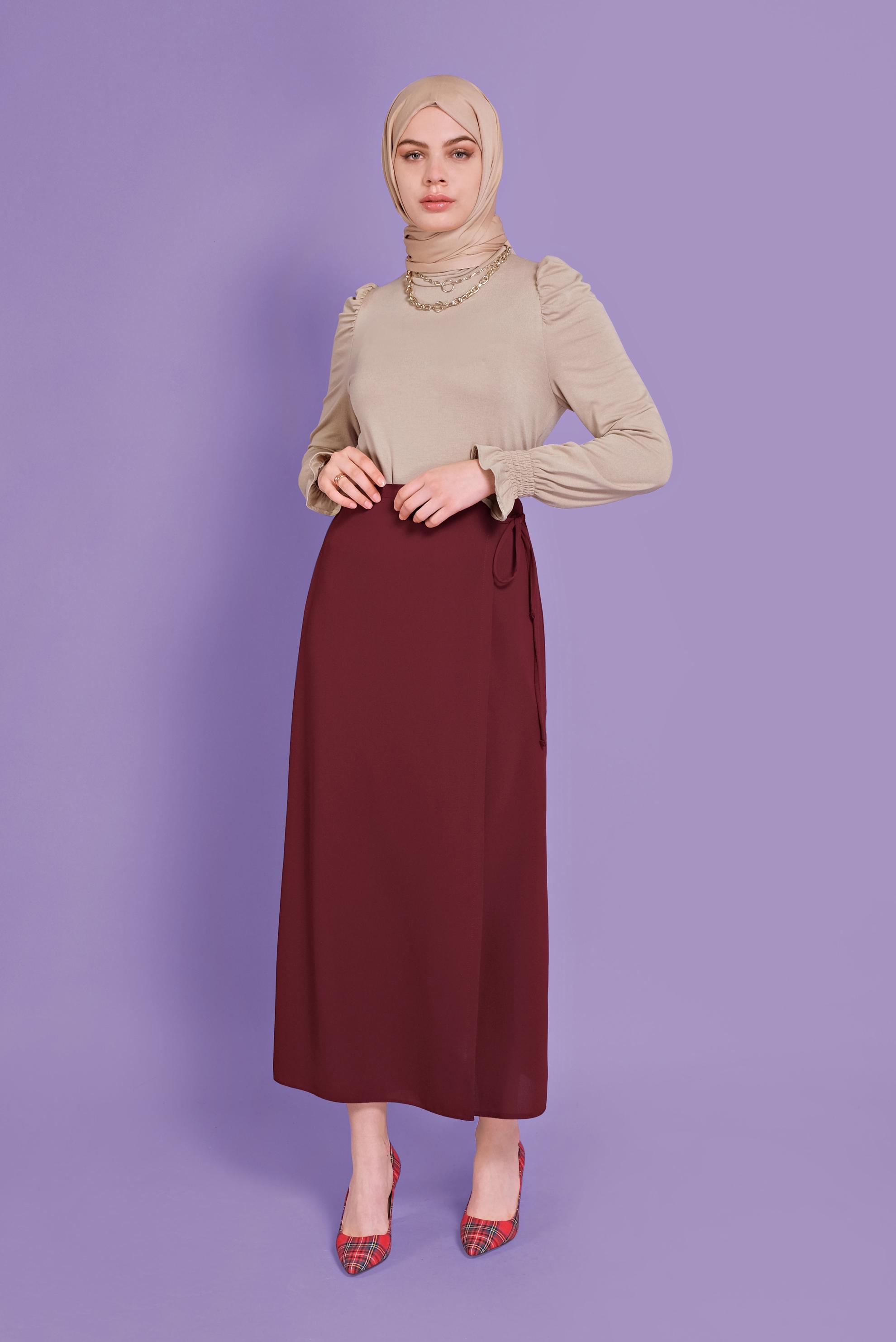Tesettür giyim BORDO YANDAN BAĞLAMA DETAYLI ETEK 60141 