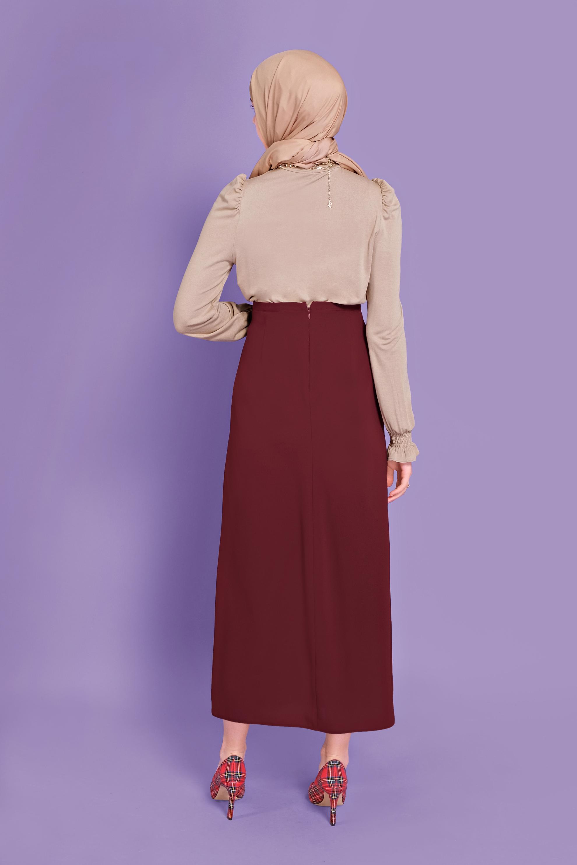 Tesettür giyim BORDO YANDAN BAĞLAMA DETAYLI ETEK 60141 
