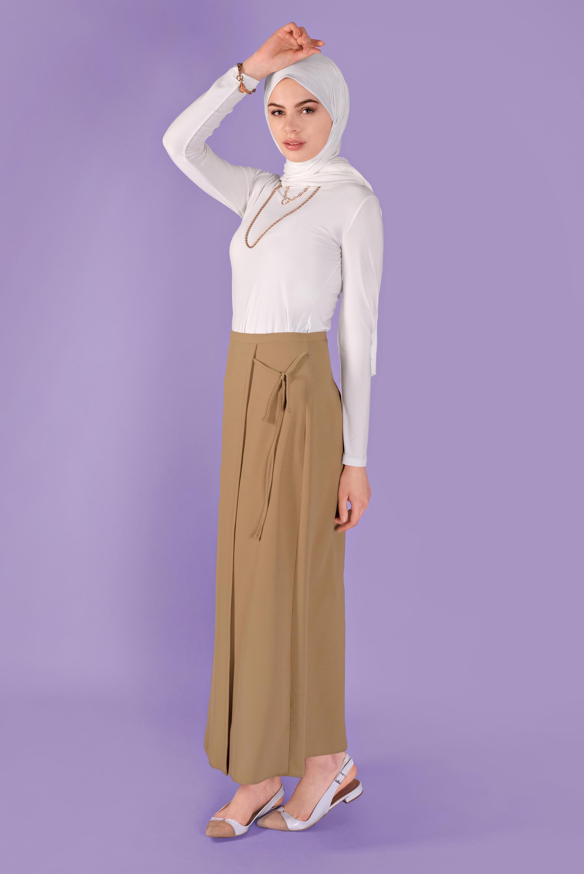 Tesettür giyim KAHVE YANDAN BAĞLAMA DETAYLI ETEK 60141 