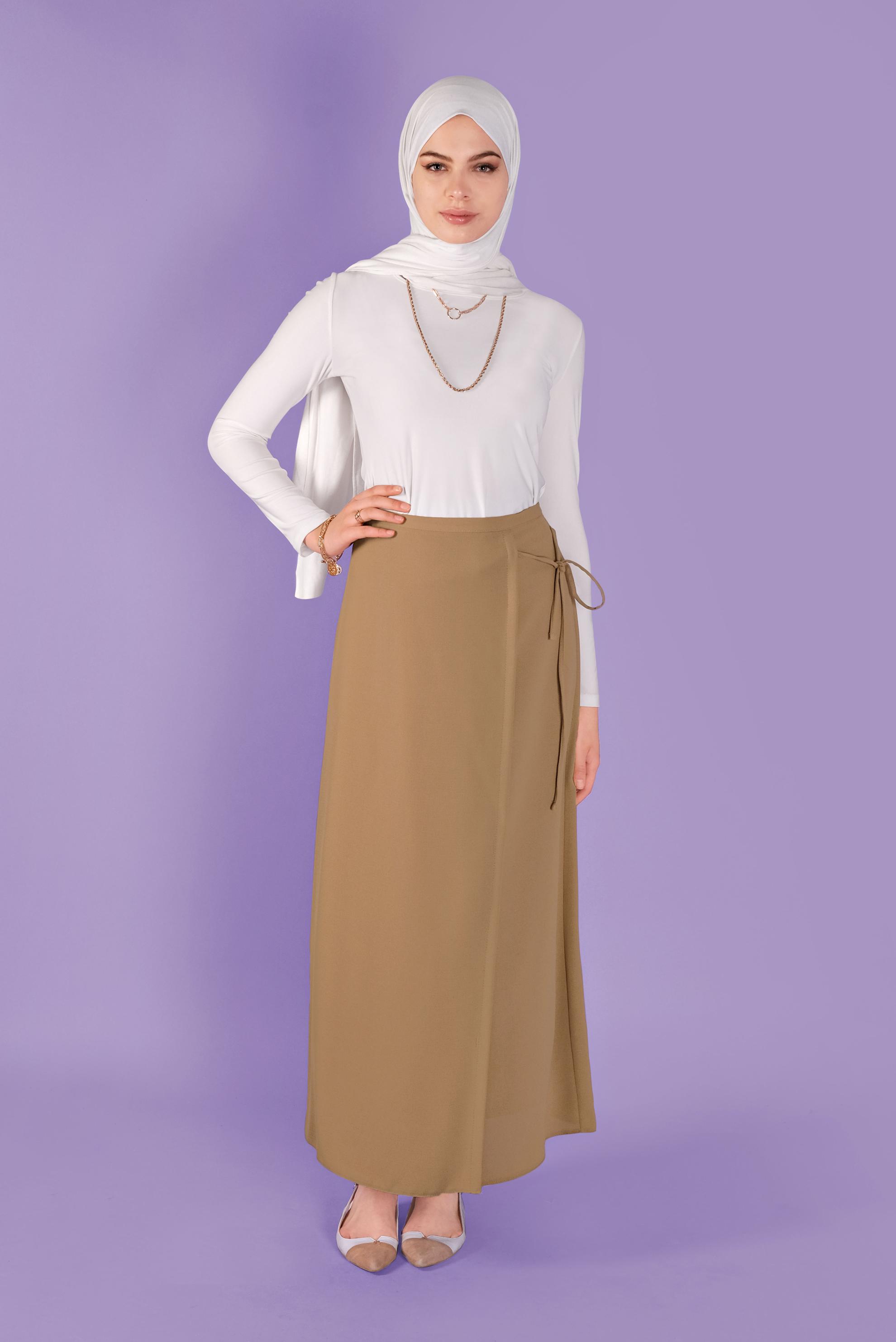 Tesettür giyim KAHVE YANDAN BAĞLAMA DETAYLI ETEK 60141 