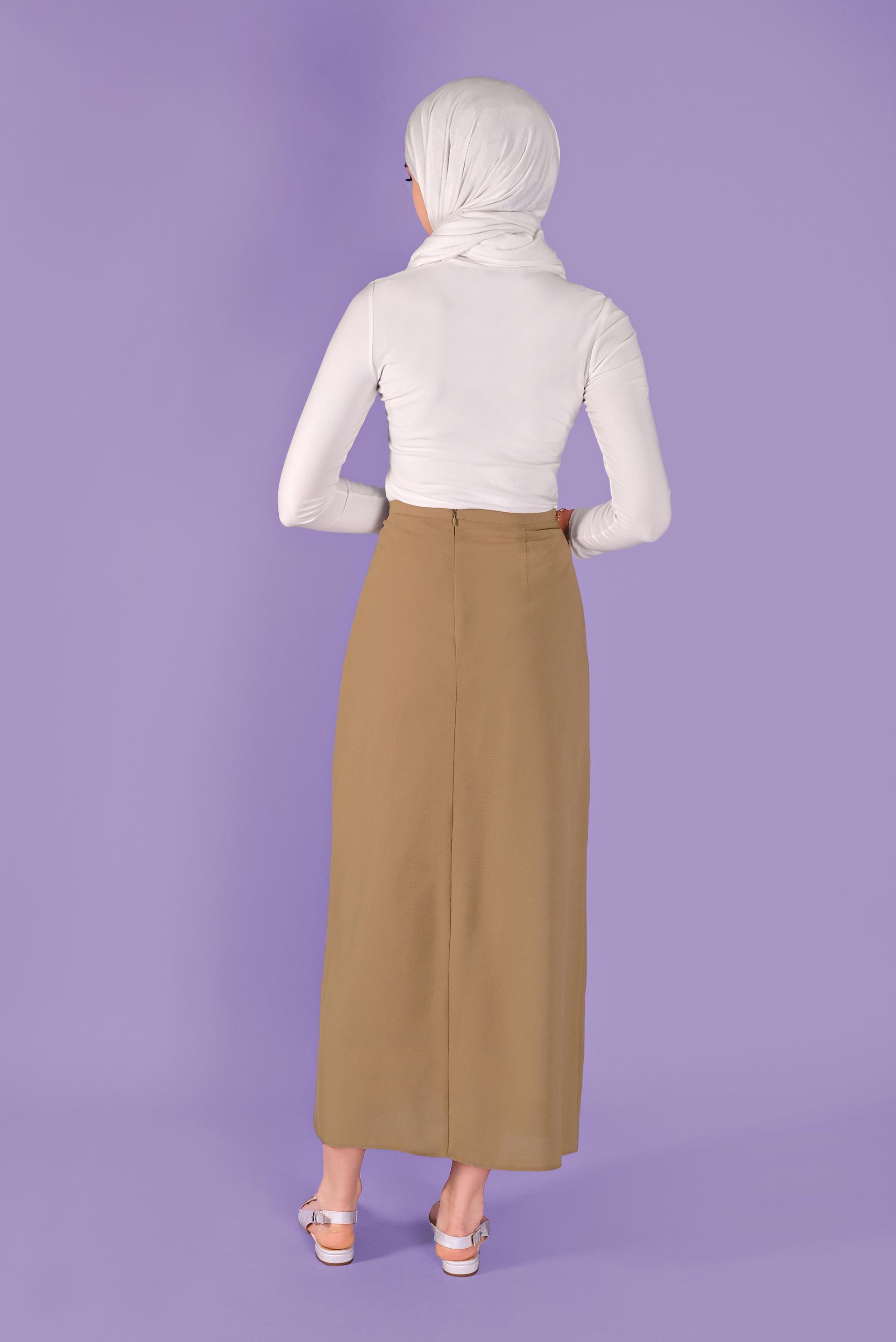 Tesettür giyim KAHVE YANDAN BAĞLAMA DETAYLI ETEK 60141 