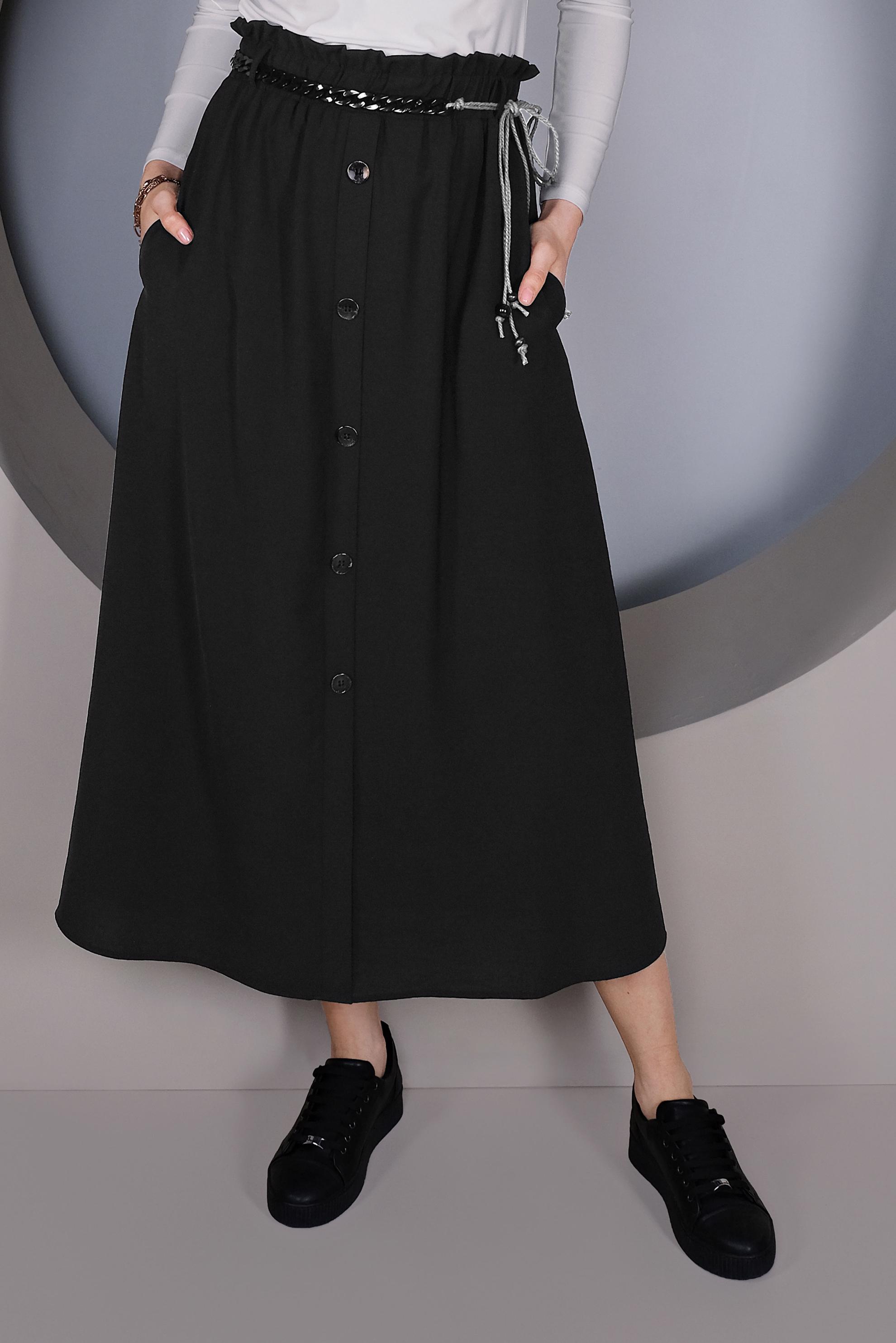 Tesettür giyim SİYAH DÜĞME DETAYLI BELDEN BÜZGÜLÜ ETEK 60142