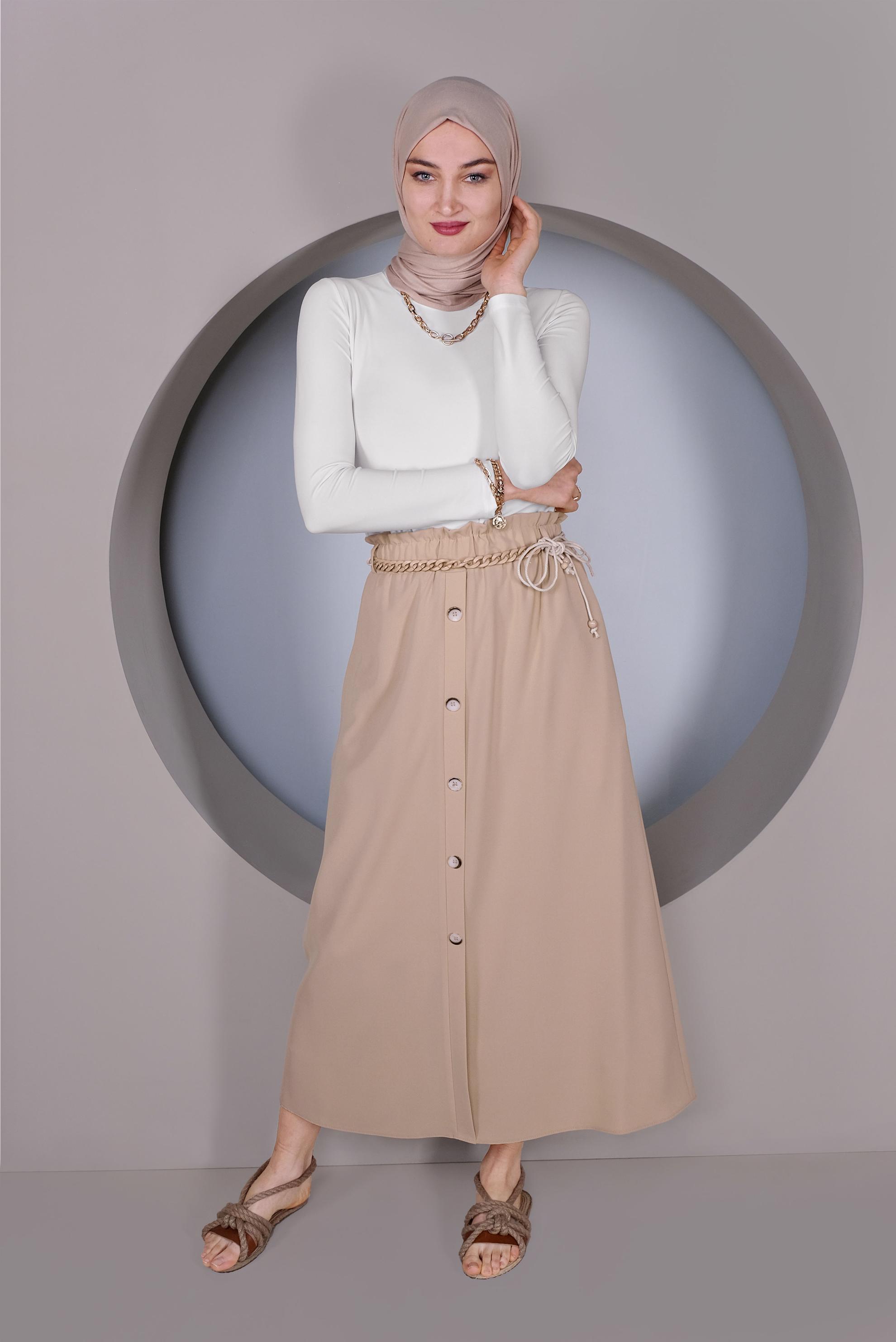 Tesettür giyim BEJ DÜĞME DETAYLI BELDEN BÜZGÜLÜ ETEK 60142