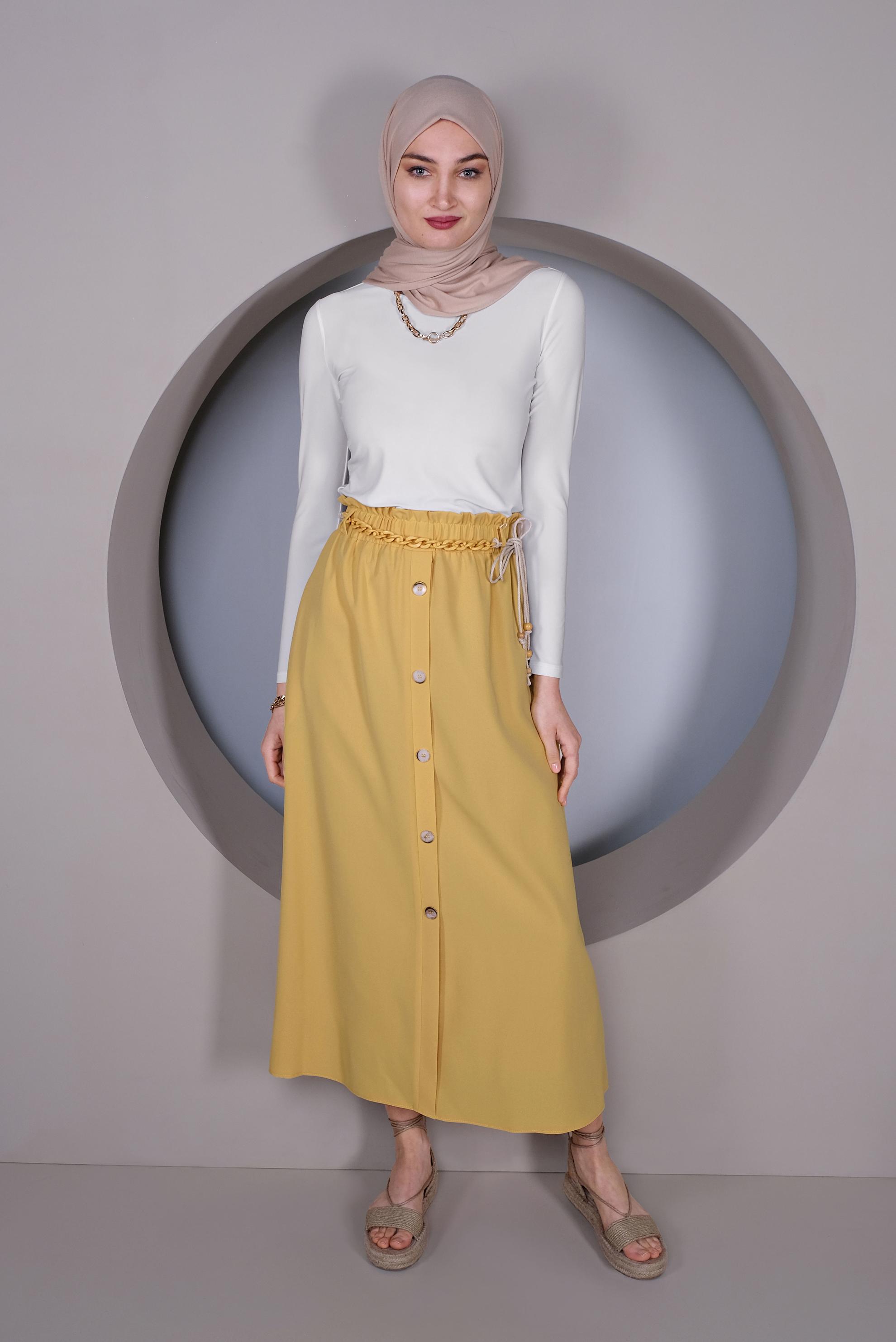 Tesettür giyim SARI DÜĞME DETAYLI BELDEN BÜZGÜLÜ ETEK 60142