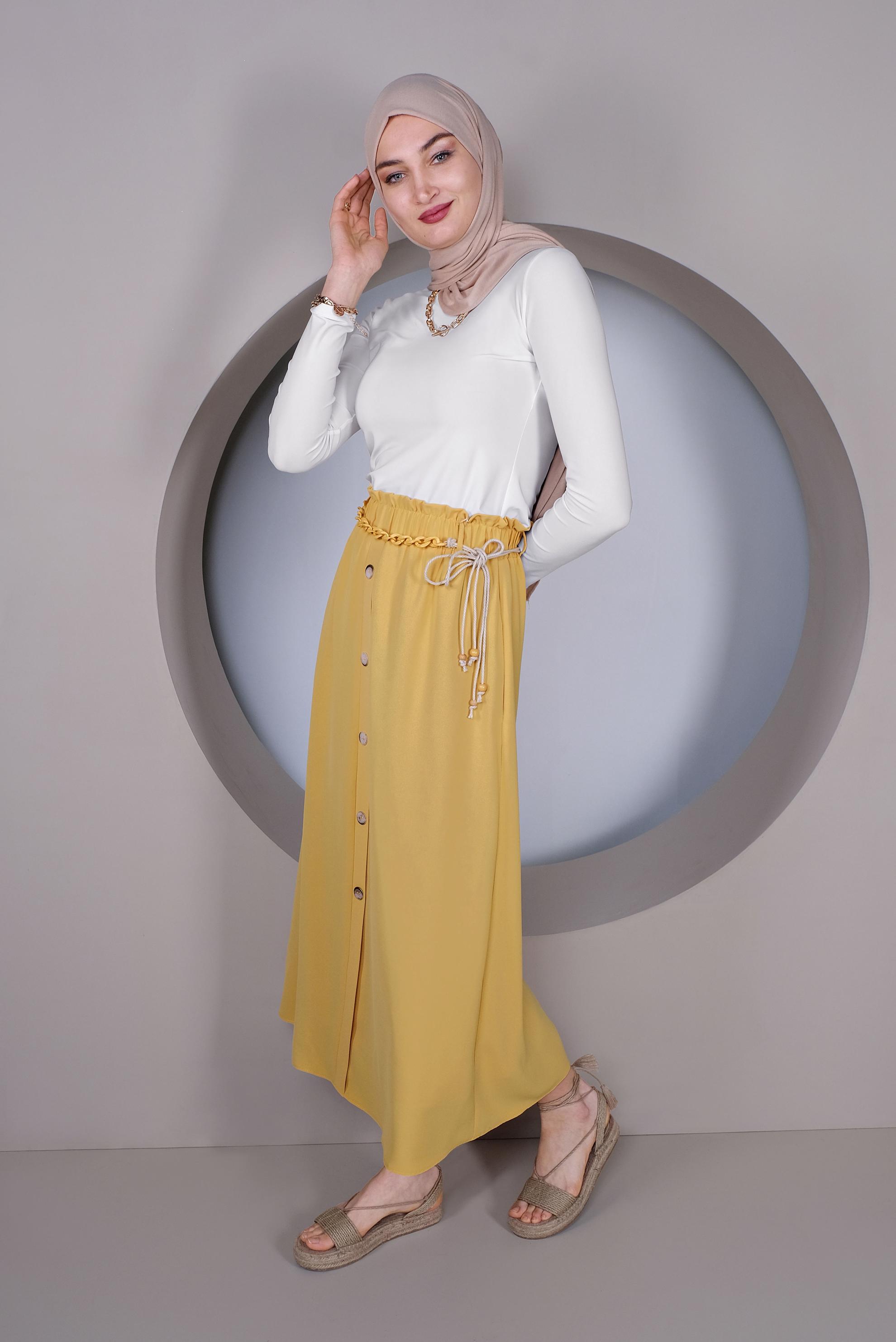 Tesettür giyim SARI DÜĞME DETAYLI BELDEN BÜZGÜLÜ ETEK 60142