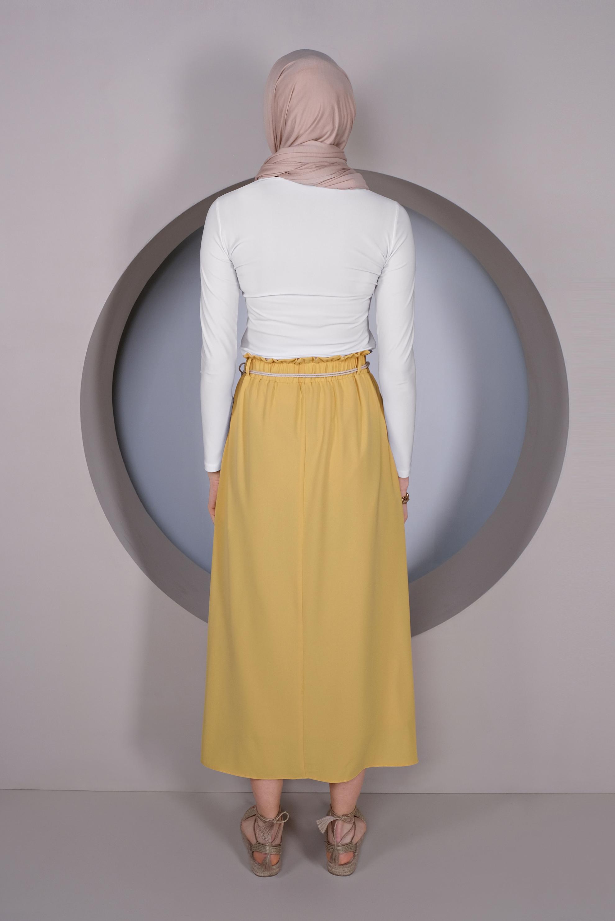 Tesettür giyim SARI DÜĞME DETAYLI BELDEN BÜZGÜLÜ ETEK 60142