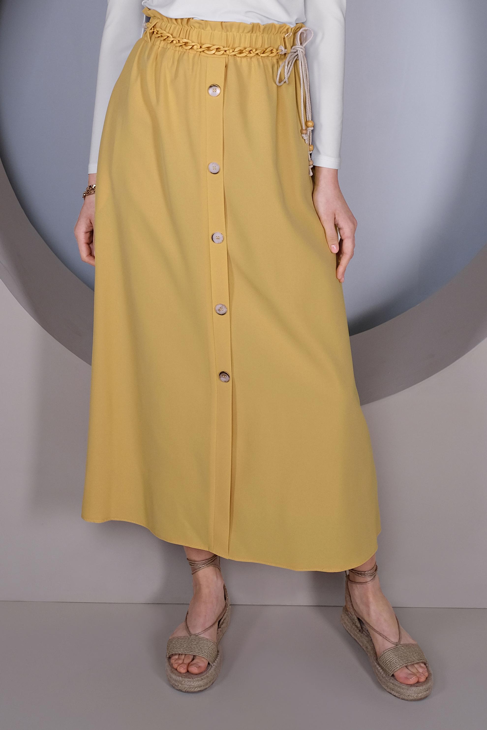 Tesettür giyim SARI DÜĞME DETAYLI BELDEN BÜZGÜLÜ ETEK 60142