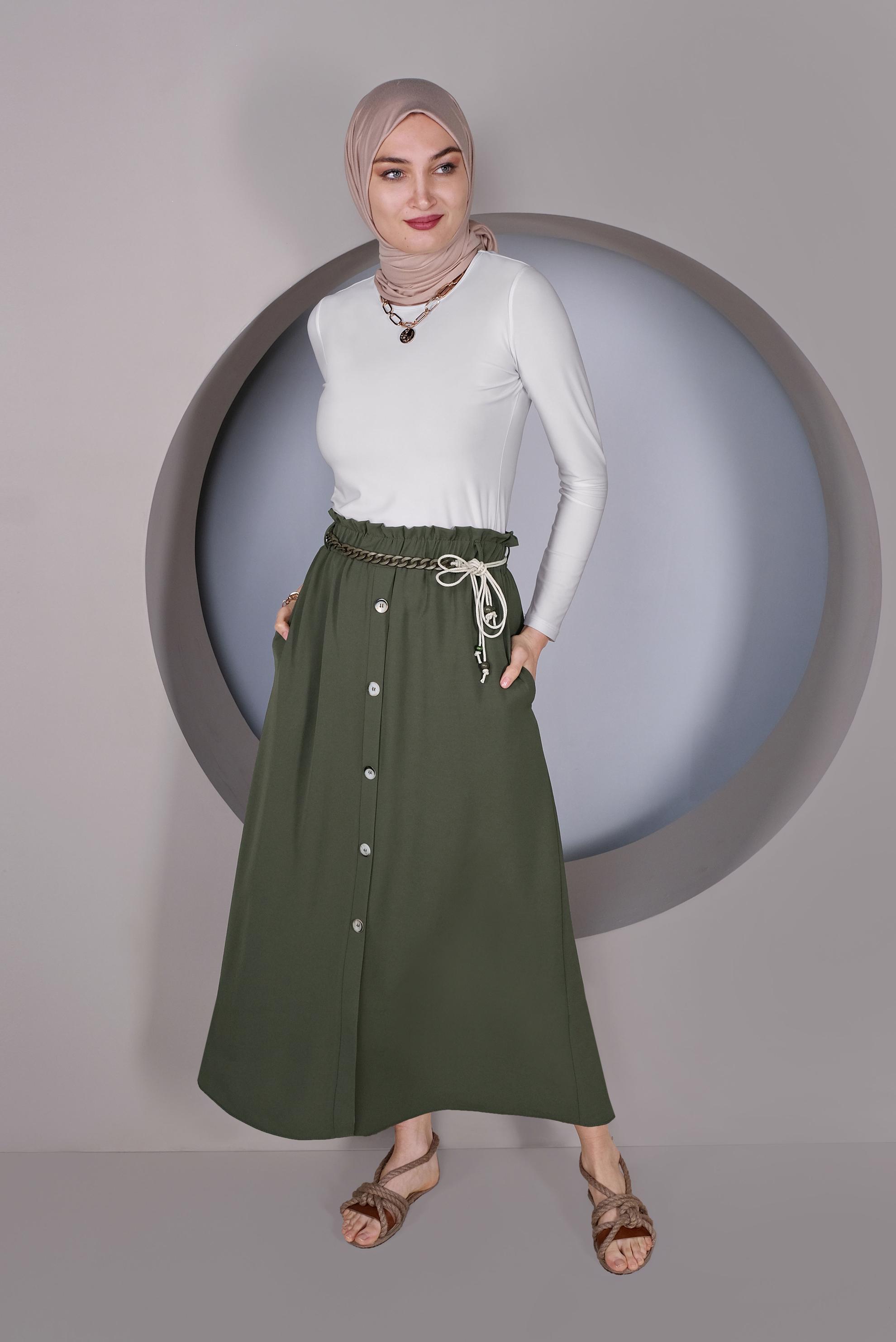Tesettür giyim HAKİ DÜĞME DETAYLI BELDEN BÜZGÜLÜ ETEK 60142