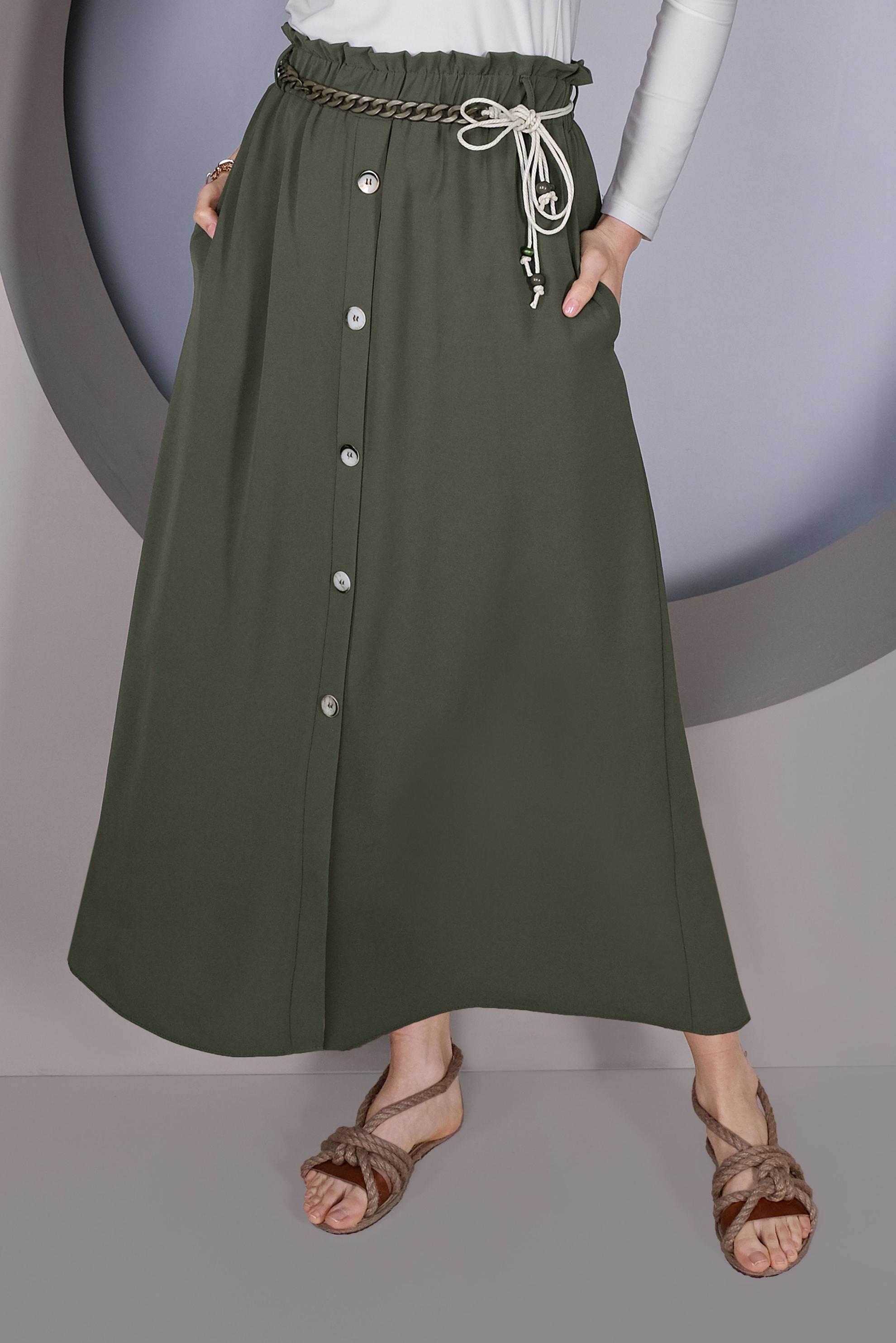 Tesettür giyim HAKİ DÜĞME DETAYLI BELDEN BÜZGÜLÜ ETEK 60142