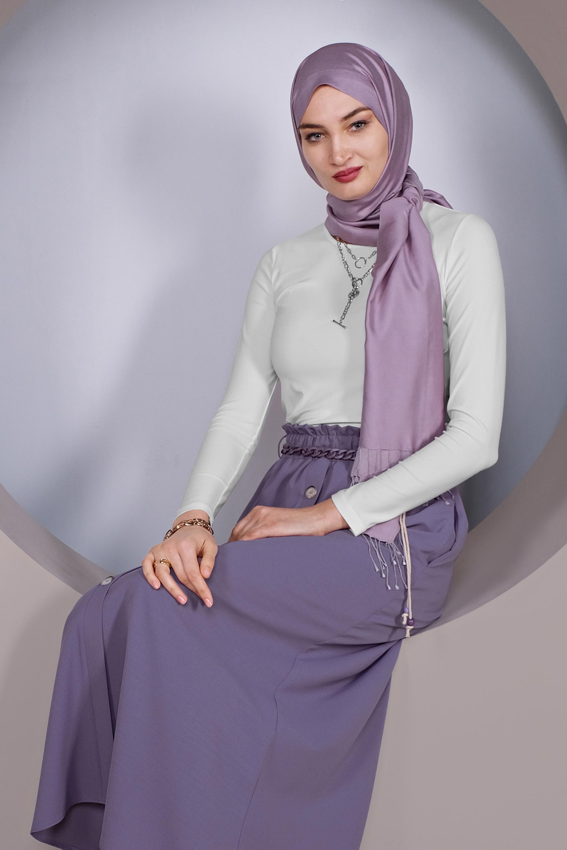 Tesettür giyim MOR DÜĞME DETAYLI BELDEN BÜZGÜLÜ ETEK 60142