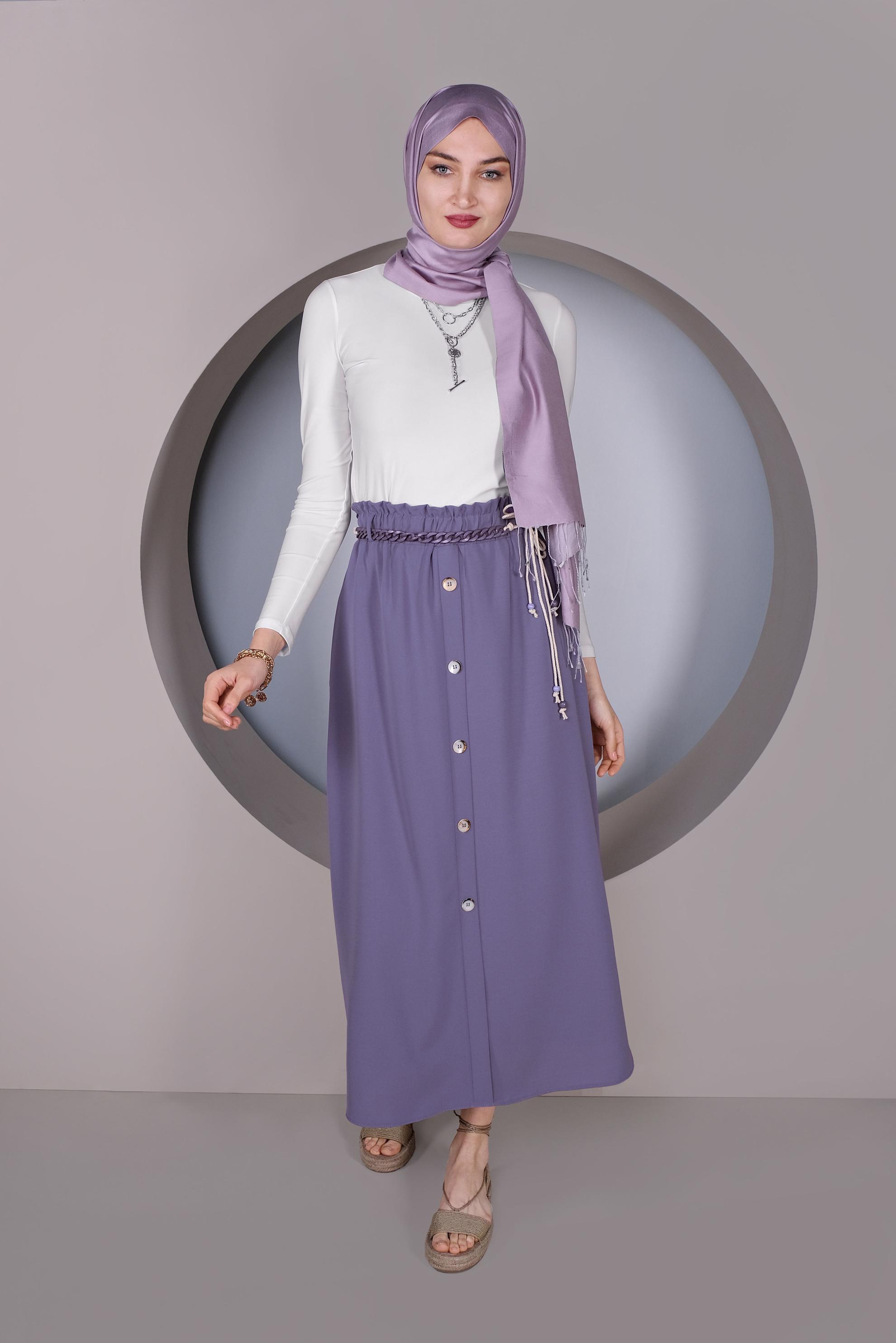 Tesettür giyim MOR DÜĞME DETAYLI BELDEN BÜZGÜLÜ ETEK 60142