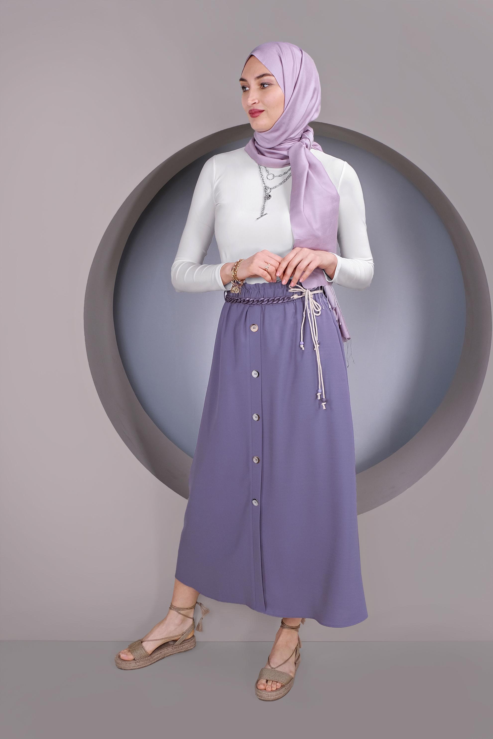 Tesettür giyim MOR DÜĞME DETAYLI BELDEN BÜZGÜLÜ ETEK 60142