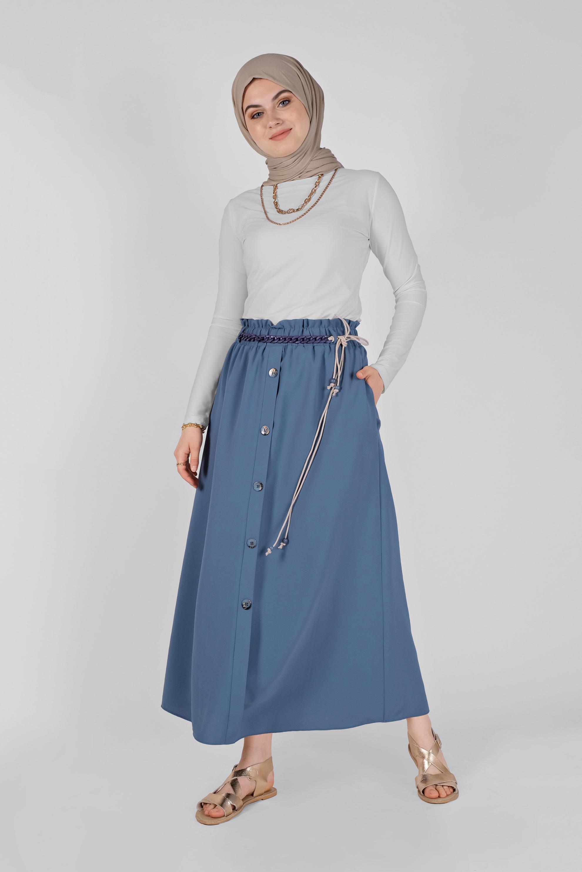 Tesettür giyim MAVİ DÜĞME DETAYLI BELDEN BÜZGÜLÜ ETEK 60142