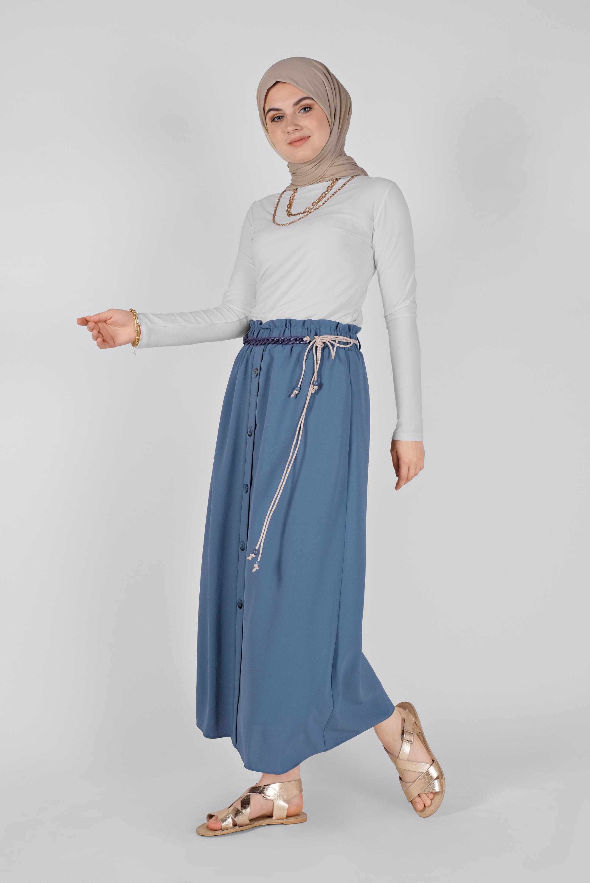 Tesettür giyim MAVİ DÜĞME DETAYLI BELDEN BÜZGÜLÜ ETEK 60142