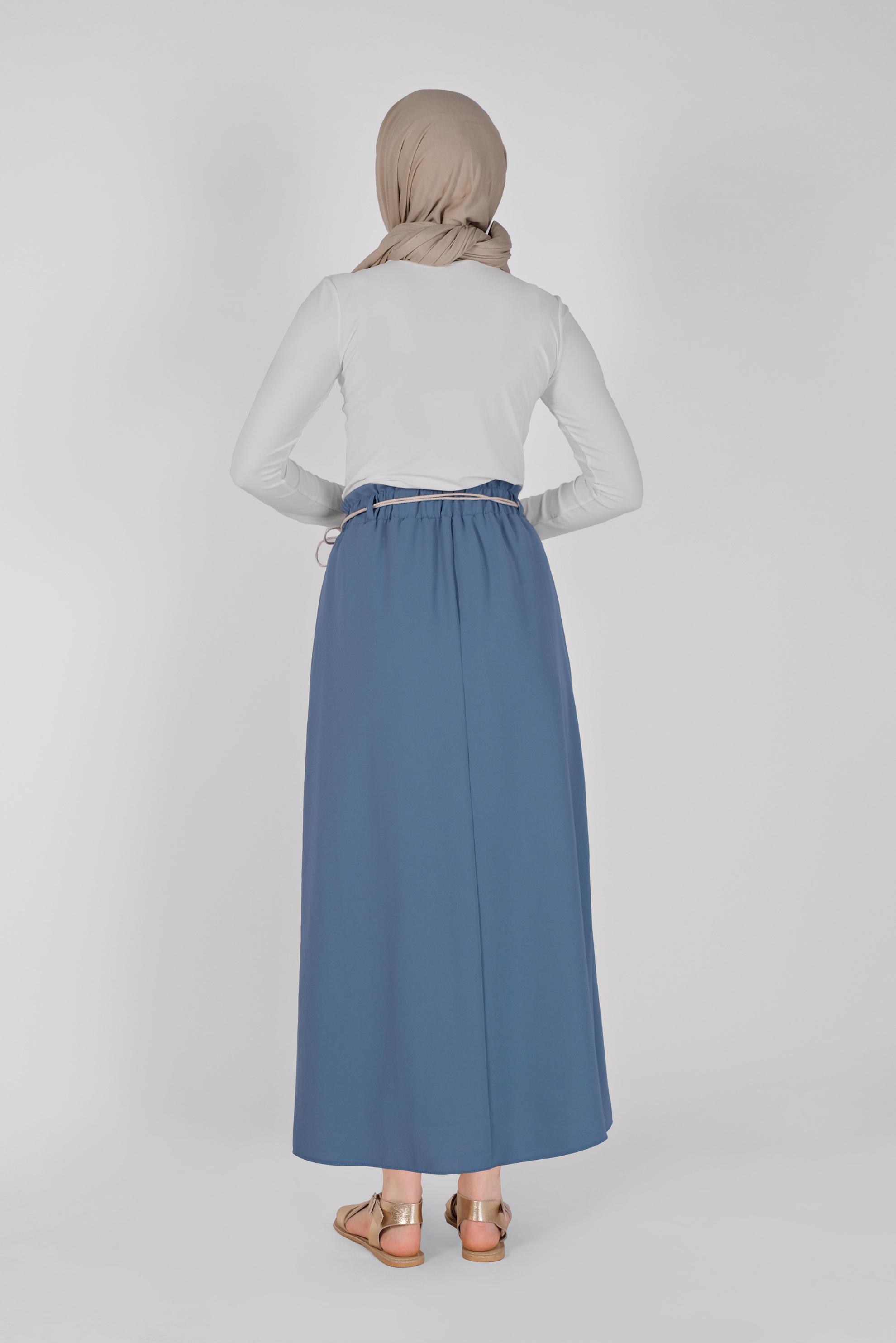 Tesettür giyim MAVİ DÜĞME DETAYLI BELDEN BÜZGÜLÜ ETEK 60142