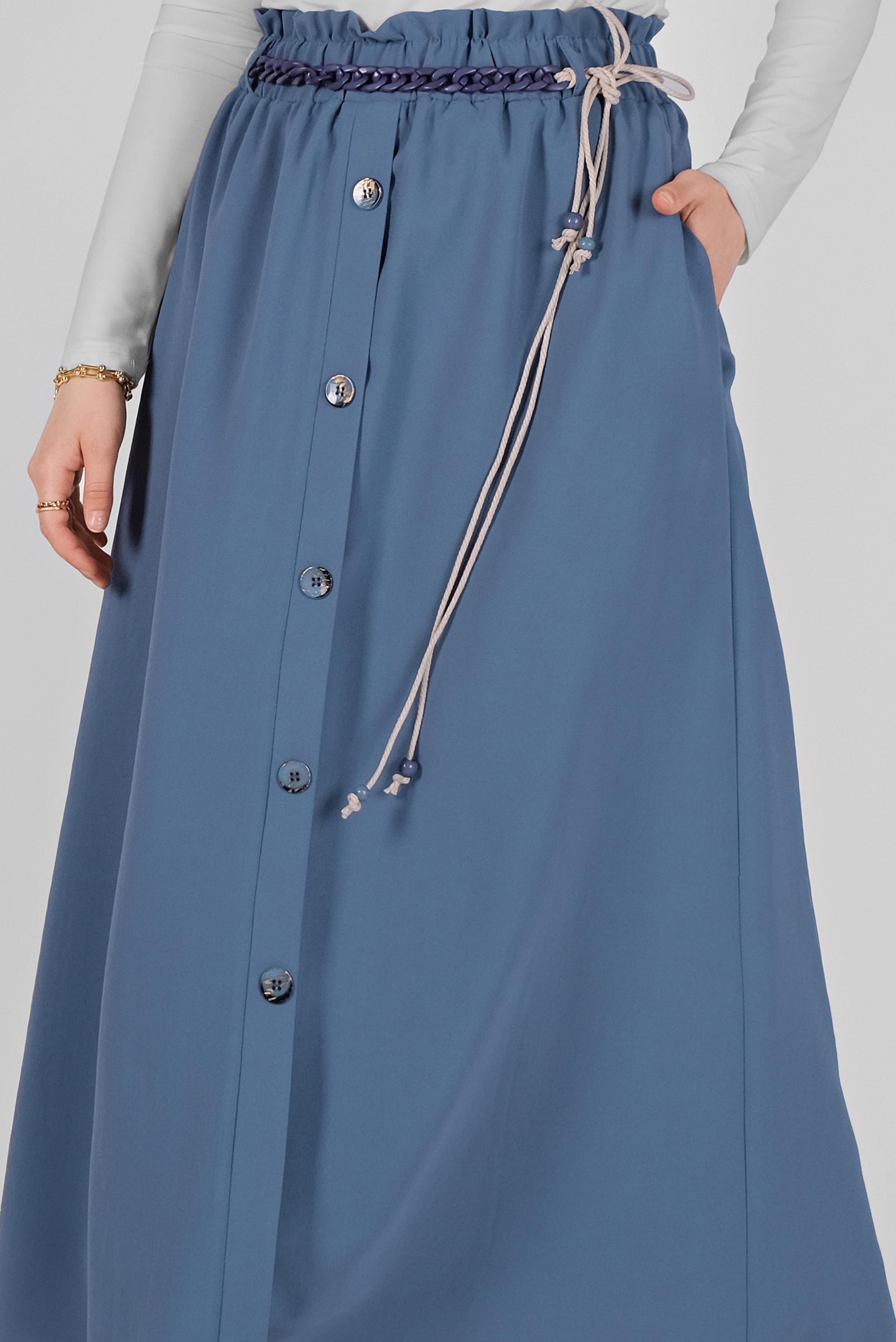 Tesettür giyim MAVİ DÜĞME DETAYLI BELDEN BÜZGÜLÜ ETEK 60142