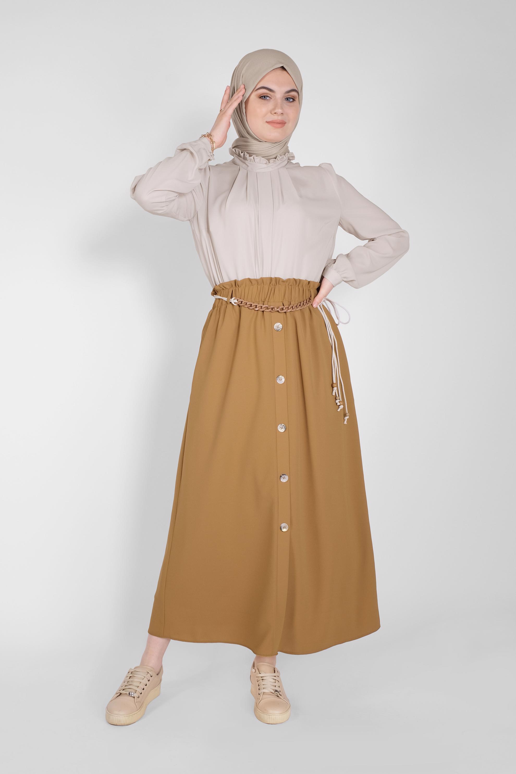 Tesettür giyim SARI DÜĞME DETAYLI BELDEN BÜZGÜLÜ ETEK 60142